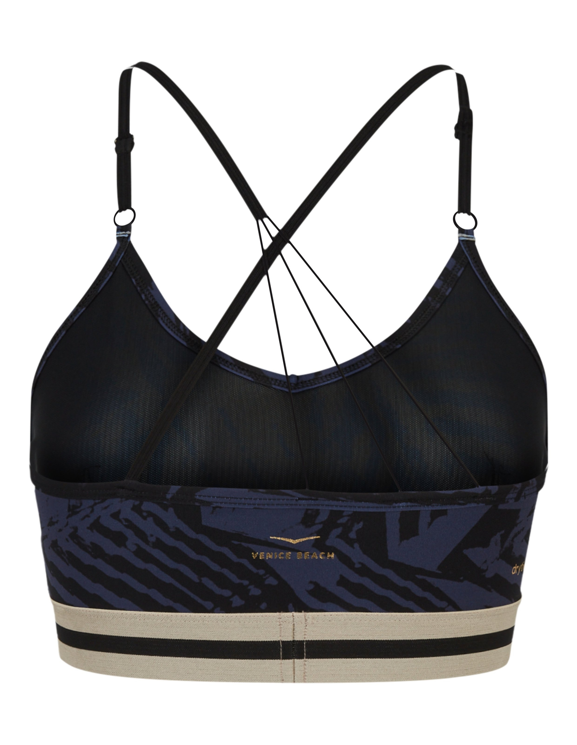 Sport-BH mit schwarzen Spaghettiträgern, die sich am Rücken überkreuzen, blau-schwarzem Muster und beigem Saum mit Streifen.