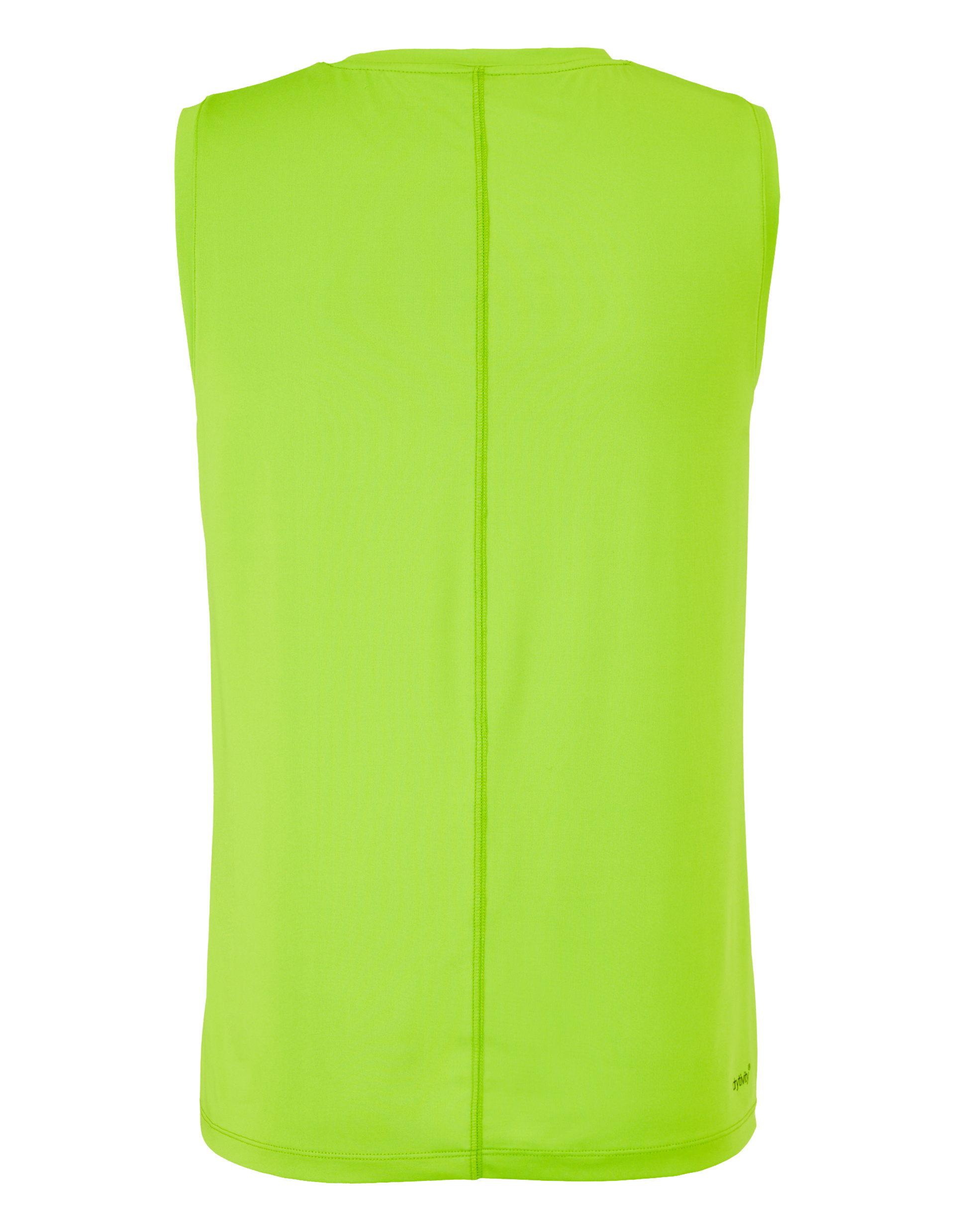 Neon-grünes ärmelloses Sportshirt, Rückansicht mit einfacher Naht in der Mitte, aus leichtem, atmungsaktivem Material.