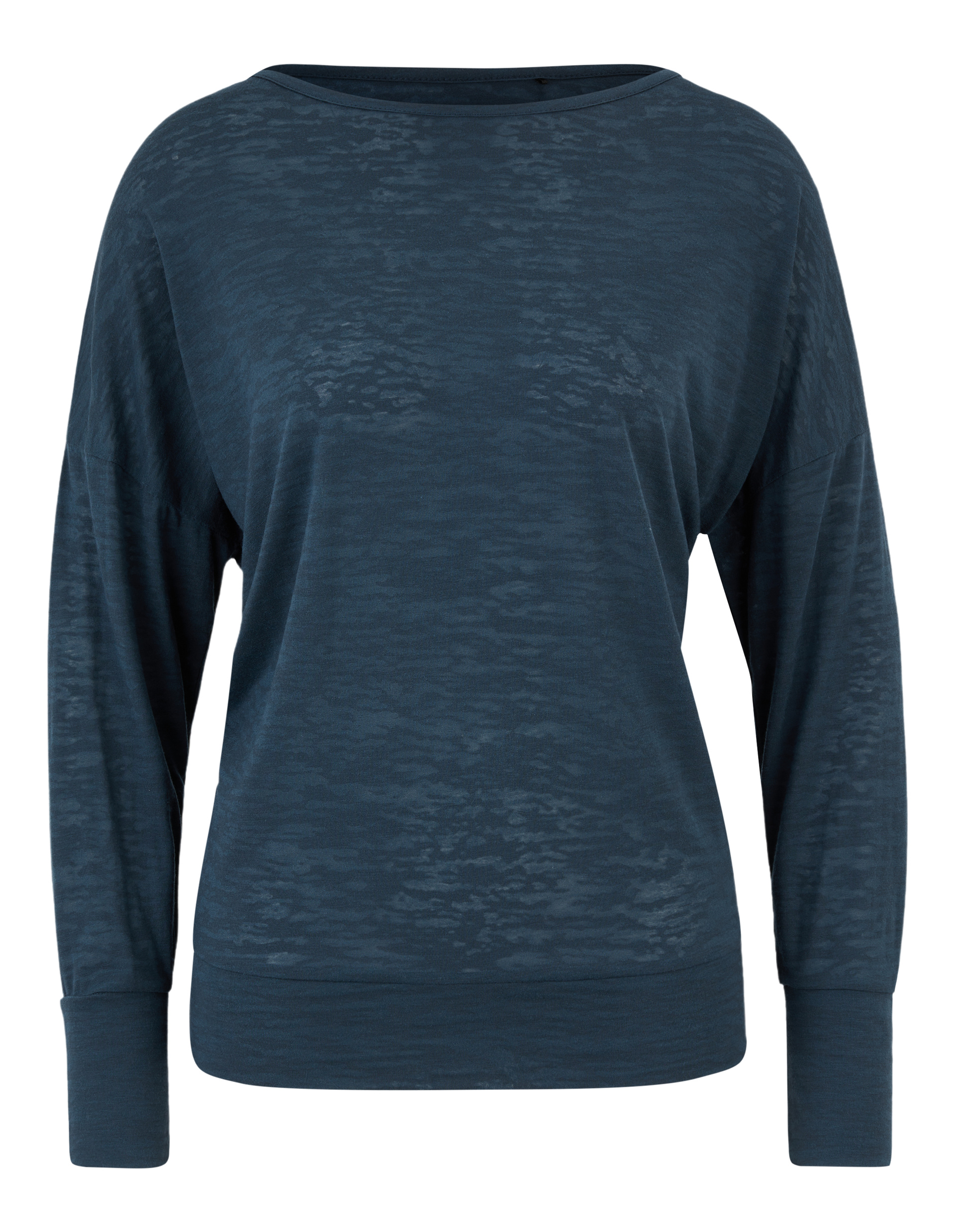 Dunkelblauer Pullover mit langem, weitem Schnitt und leicht melierter Struktur, voluminöse Ärmel und Rundhalsausschnitt.