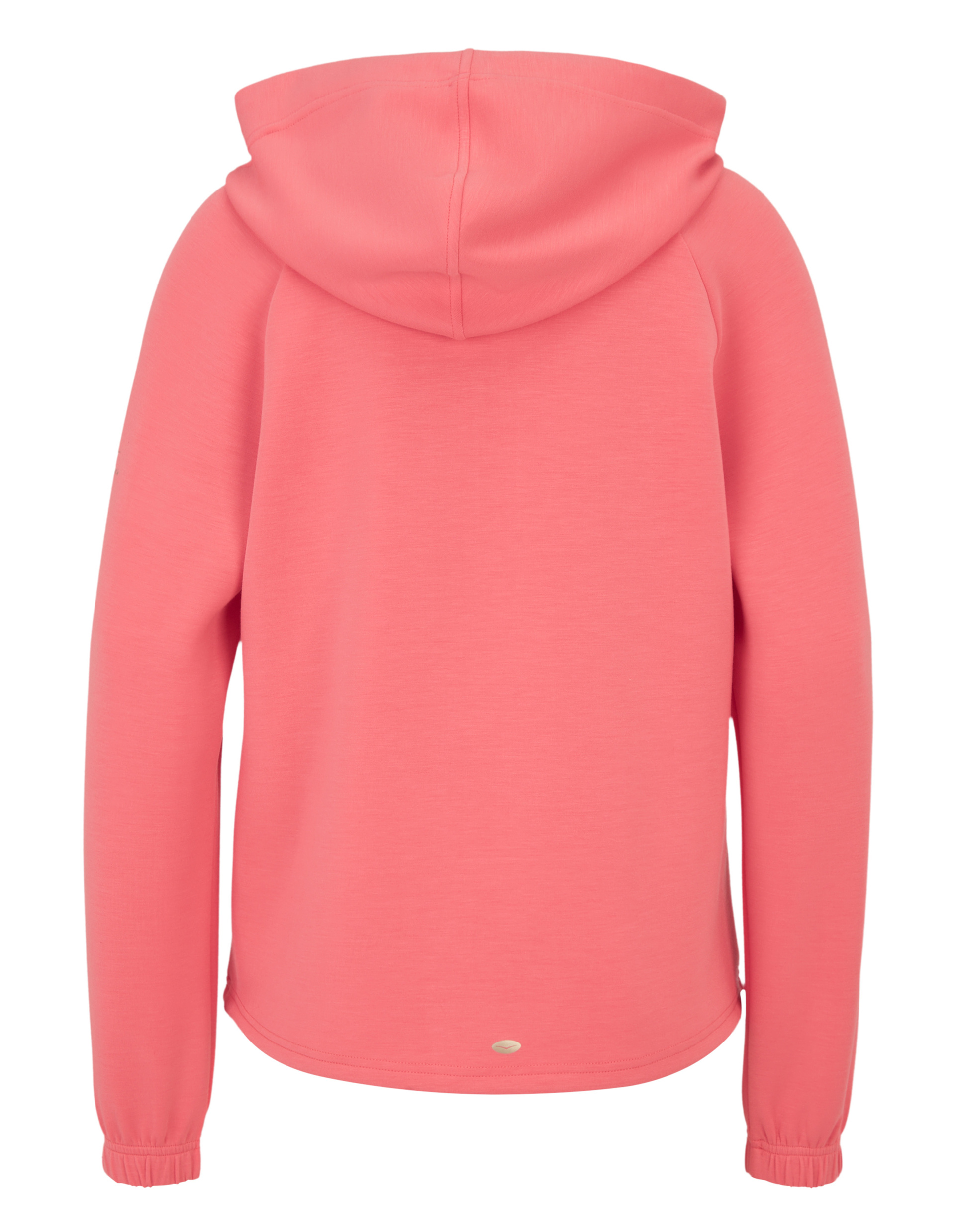 Rückansicht eines korallenroten Hoodies mit Kapuze, langen Ärmeln und elastischen Bündchen, aus glattem Stoff mit leichtem Glanz.
