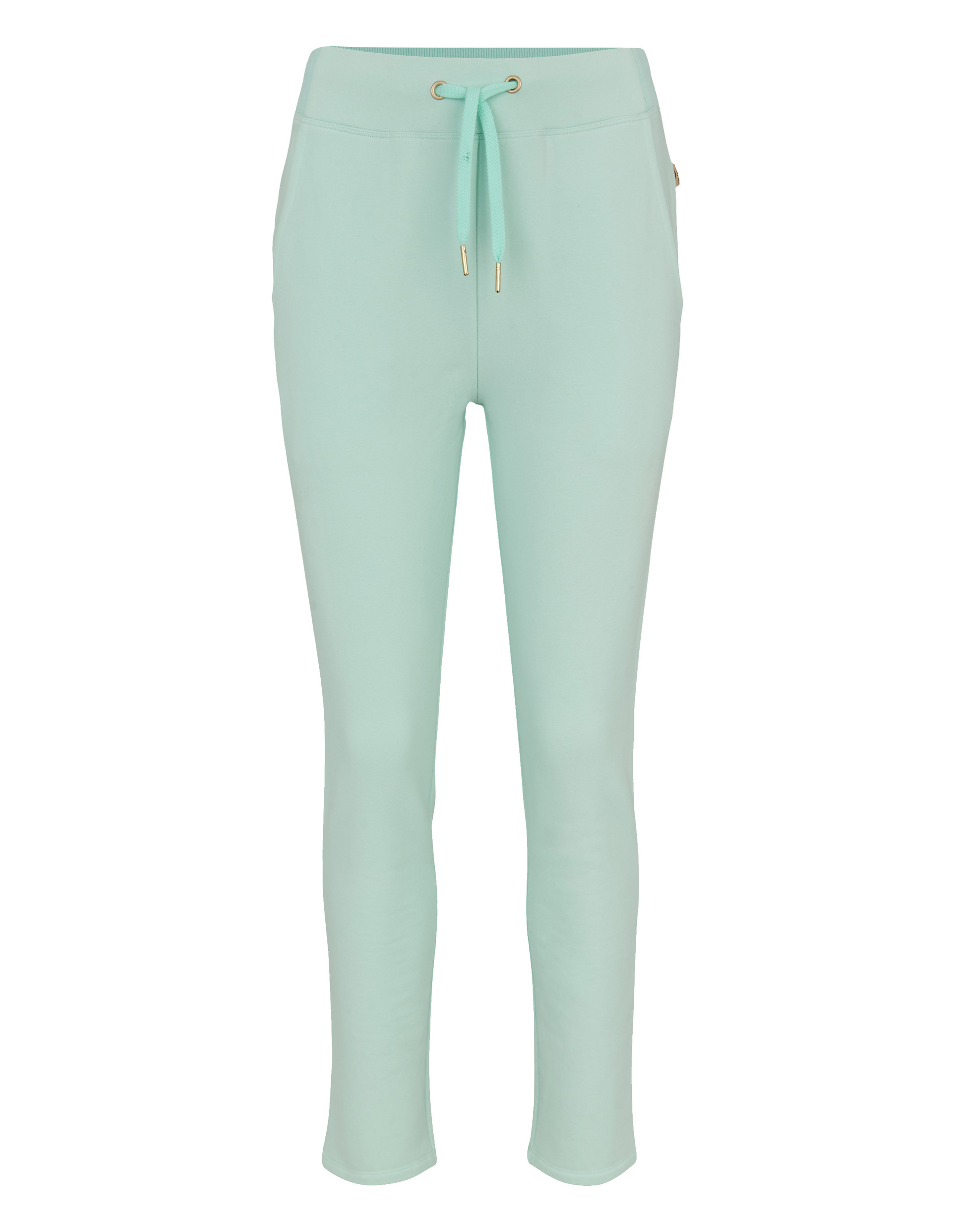 Hellgrüne Hose mit schmalem Bein und Kordelzug an der Taille.