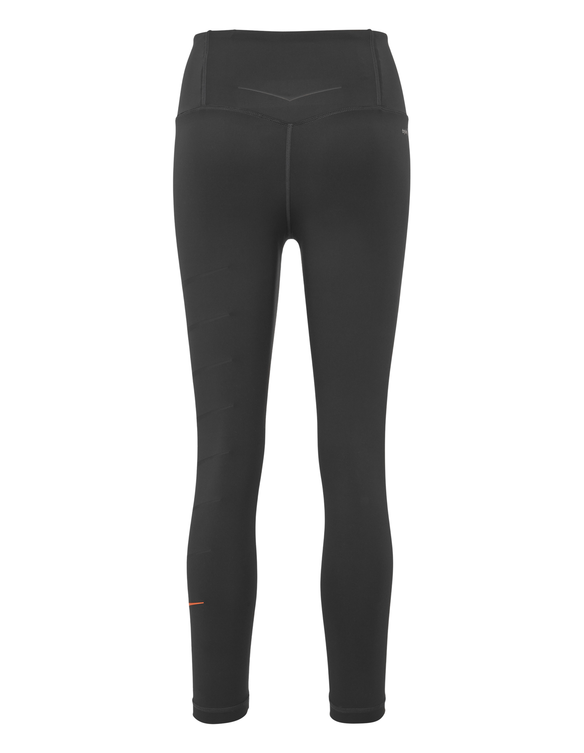 Schwarze, eng anliegende Sportleggings in Rückenansicht mit hohem Bund und schlichten, dezenten Schichtlinien an den Beinen.