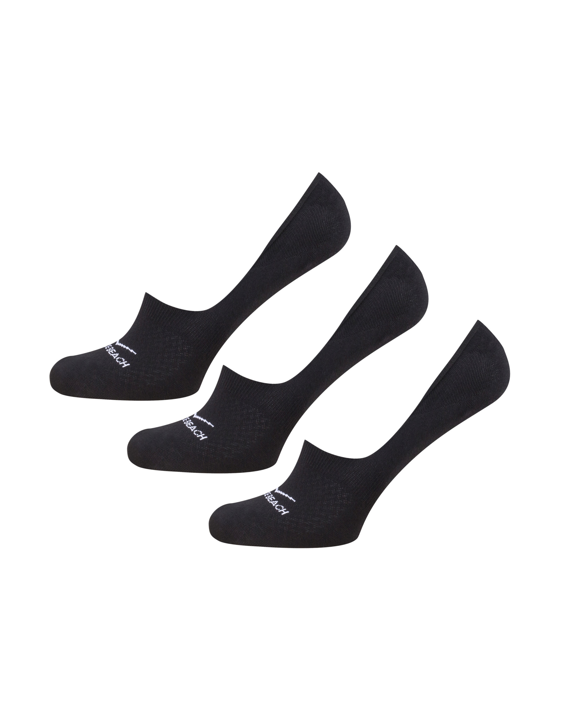 Drei schwarze, unsichtbare Sneaker-Socken mit weißem Logo auf der Oberseite, schwebend vor weißem Hintergrund.