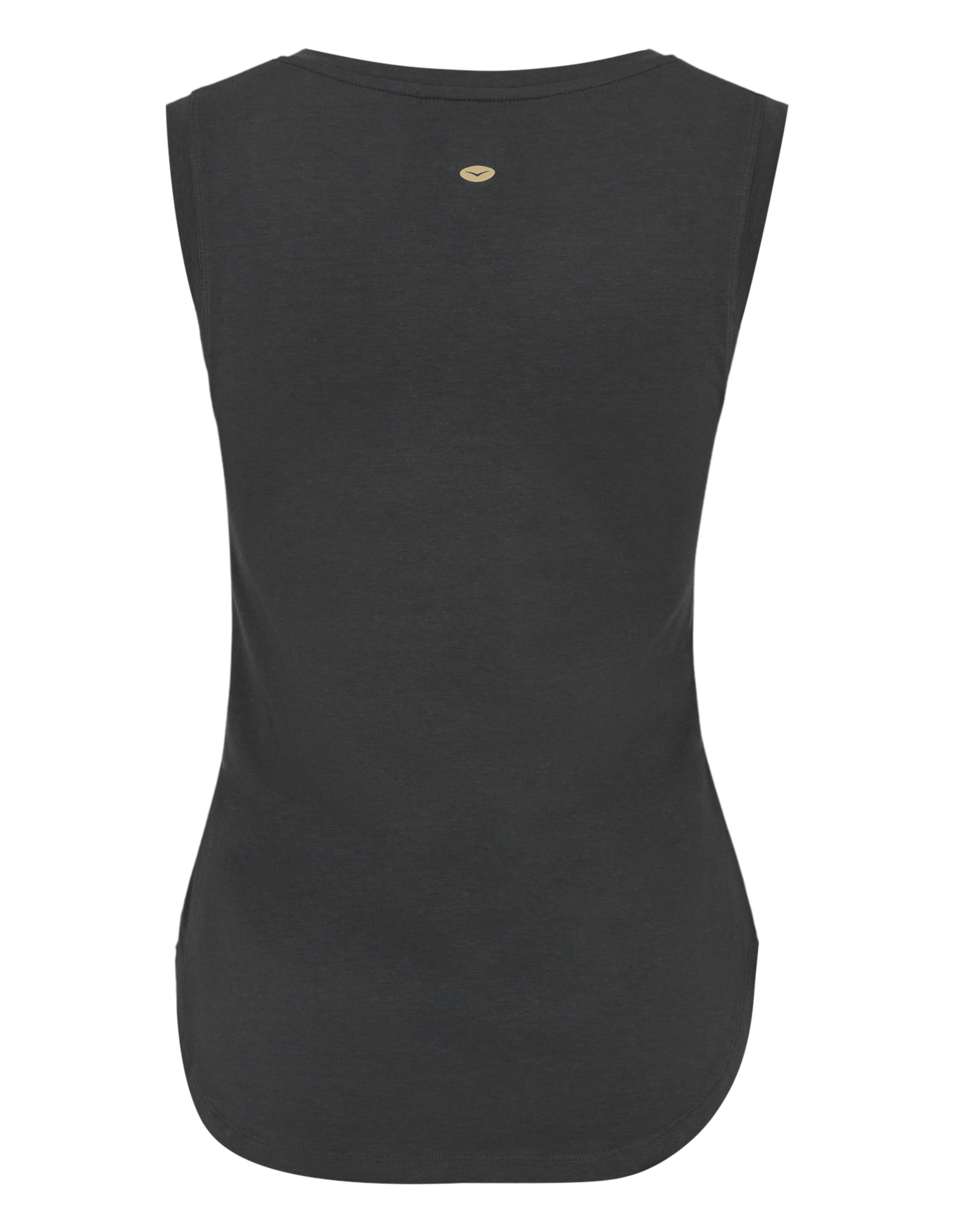 Schwarzes ärmelloses Sporttop mit rundem Halsausschnitt und dezentem Logo hinten in der Mitte, aus elastischem Material.