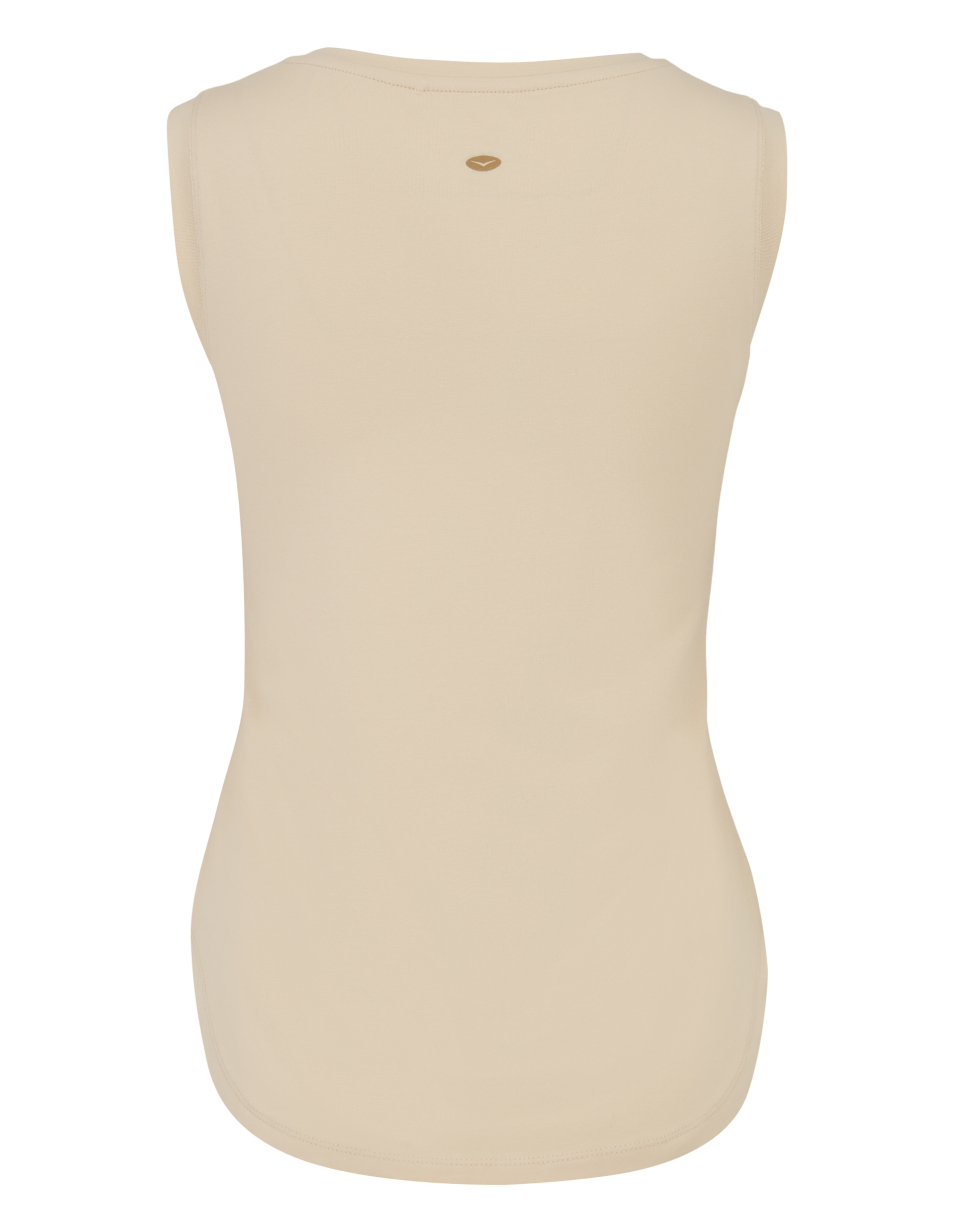 Beiges ärmelloses Top aus weichem Stoff, Rückseite mit kleinem goldfarbenem Logo unter dem Rundhalsausschnitt.