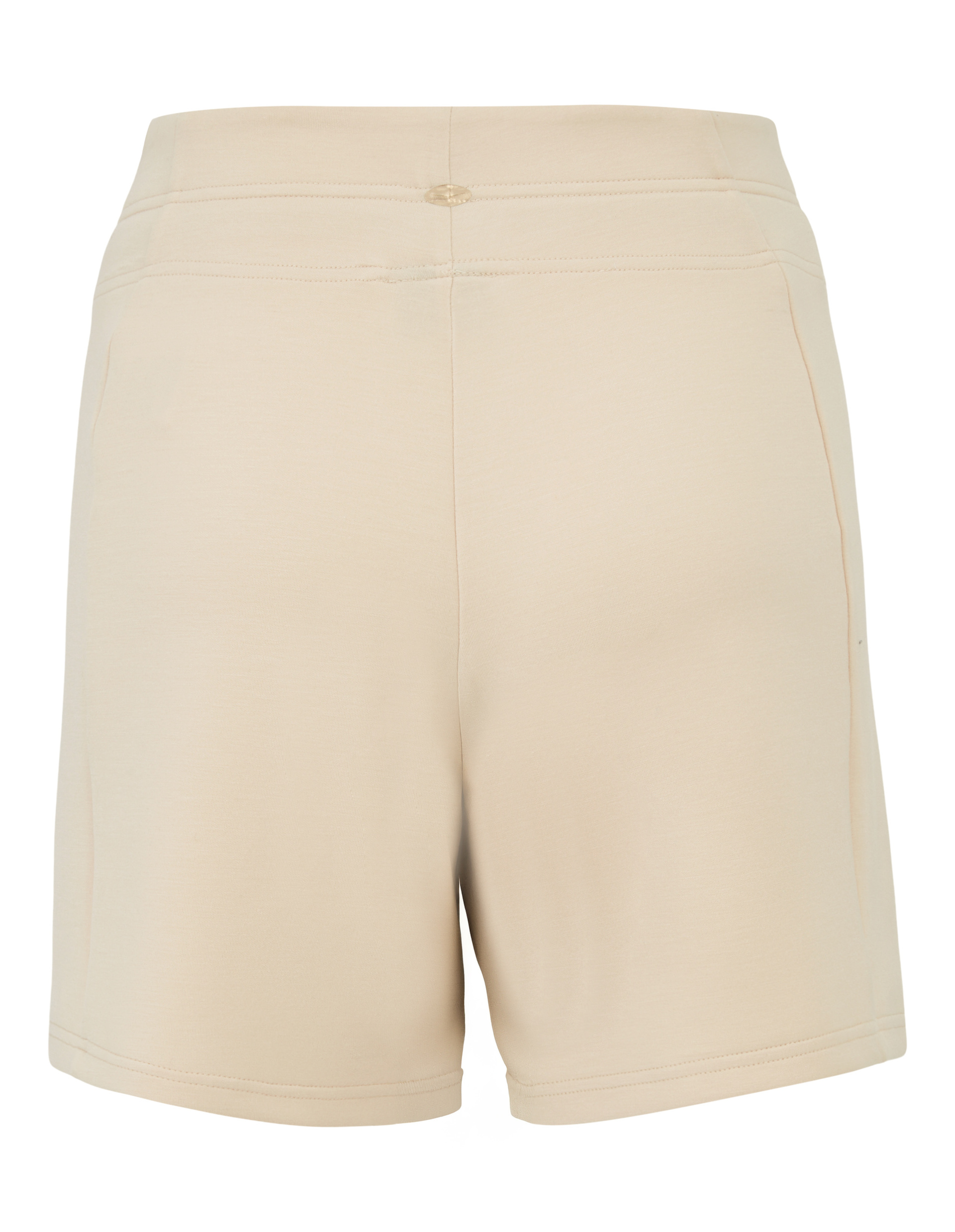 Beige, knielange Shorts aus leichtem Stoff, mit schlichtem Design, elastischem Bund und geradem Schnitt, von hinten gezeigt.