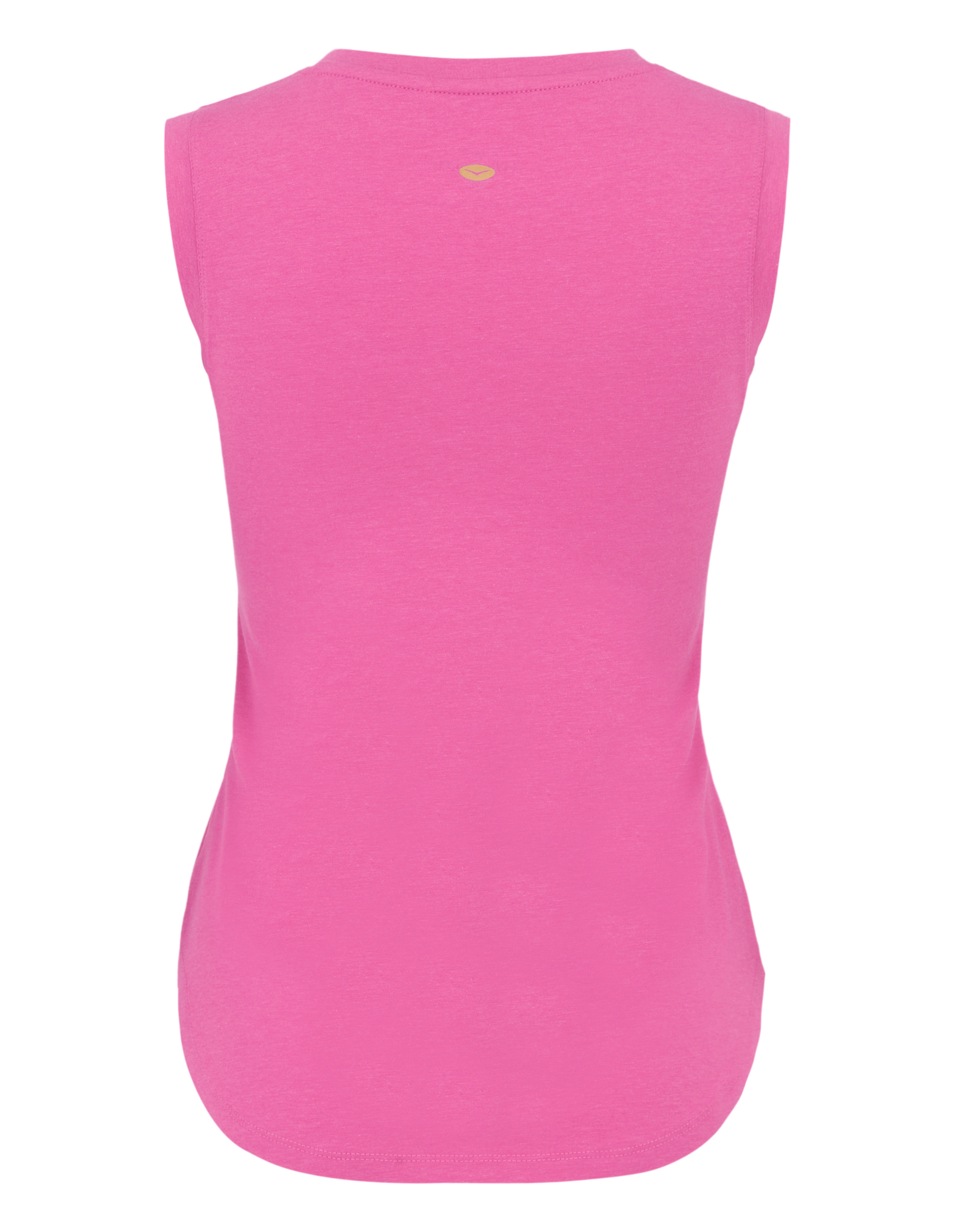 Rückansicht eines ärmellosen pinken Shirts mit rundem Halsausschnitt und kleinem gelbem Logo auf dem oberen Rücken.