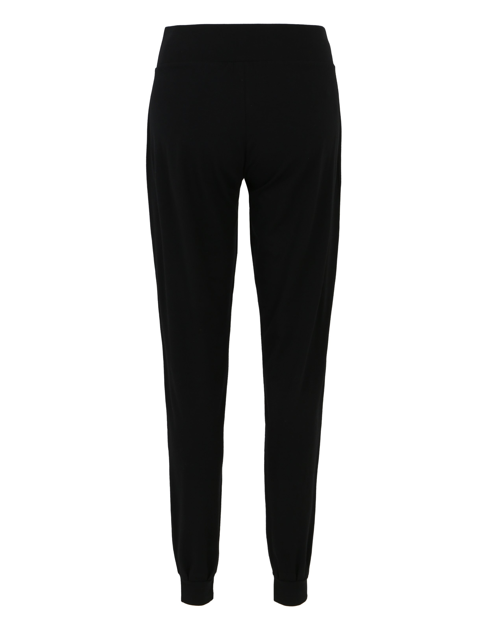 Schwarze Jogginghose mit elastischem Bund und Bündchen an den Knöcheln, von hinten gesehen, schlichtes und bequemes Design.