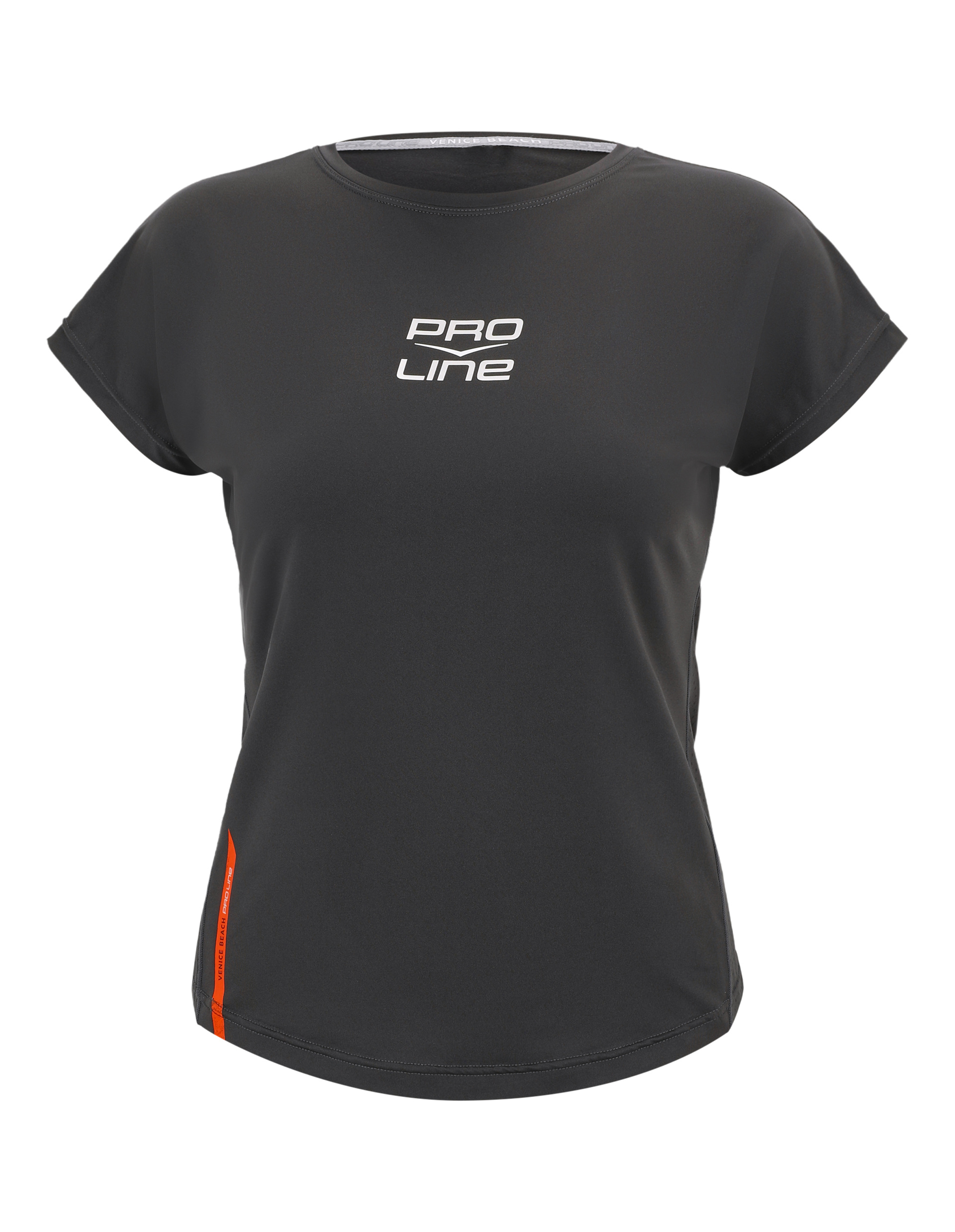 Schwarzes T-Shirt mit weißem "PRO LINE" Aufdruck vorn und einem orangenem Streifen mit Text unten links.