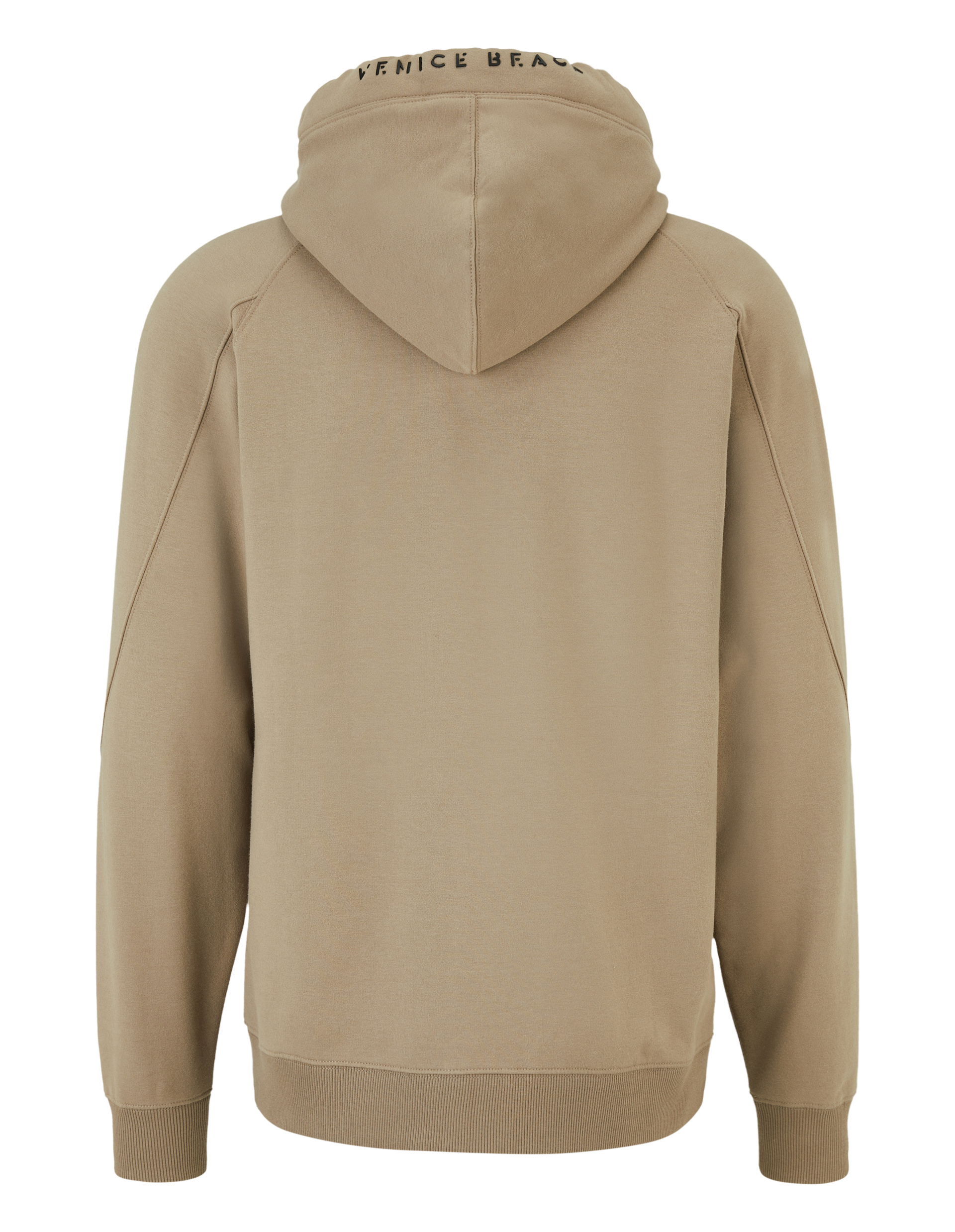Beigefarbener Kapuzenpullover von hinten mit "Venice Beach" Schriftzug auf der Kapuze, gerippte Bündchen und schlichte Raglanärmel.