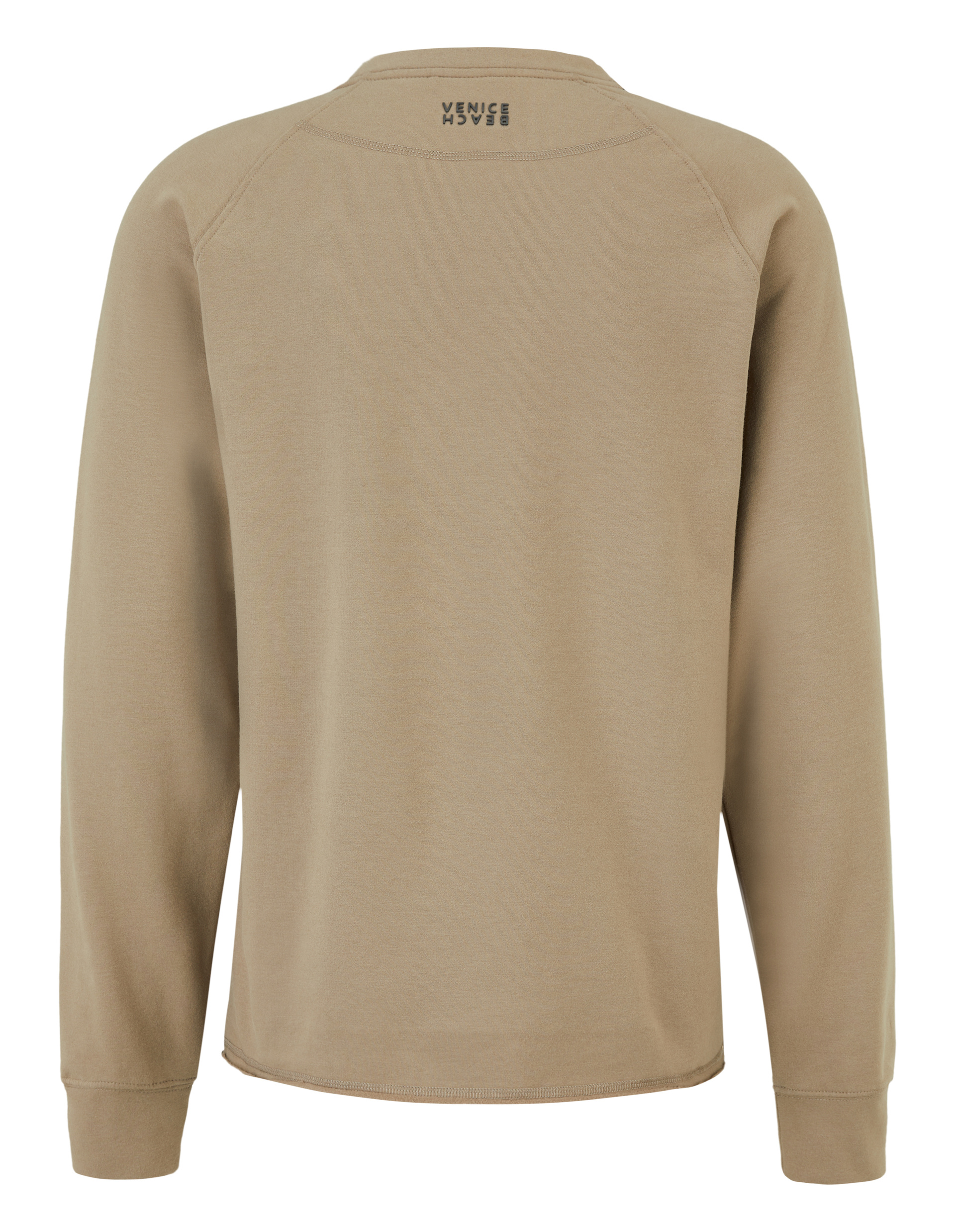 Beigefarbener Langarm-Pullover mit Rundhalsausschnitt aus weichem Stoff; Rückenansicht mit kleinem Schriftzug im Nackenbereich.