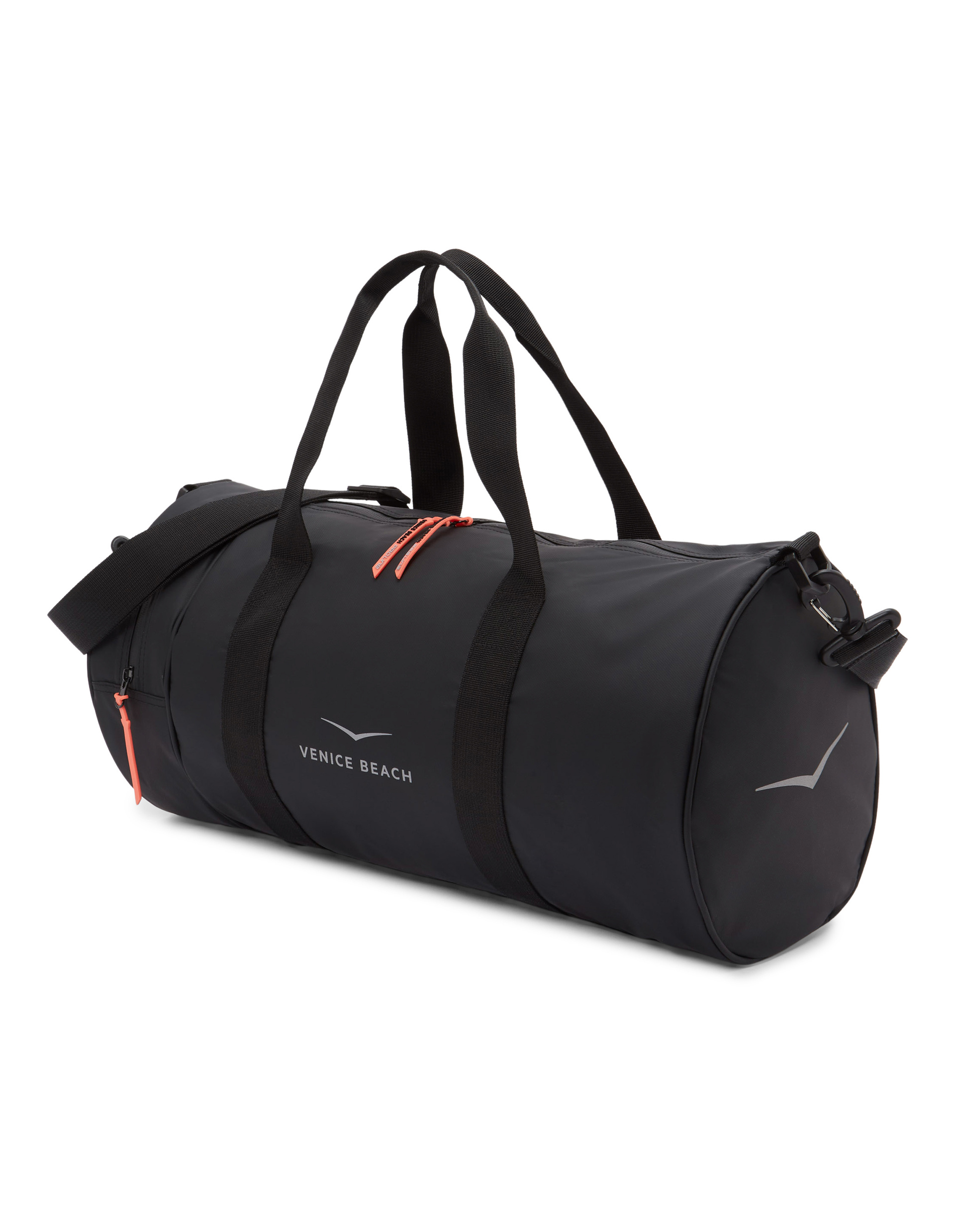 Schwarze Sporttasche mit Tragegriffen und verstellbarem Schultergurt, orangen Reißverschlüssen und "Venice Beach"-Logo.