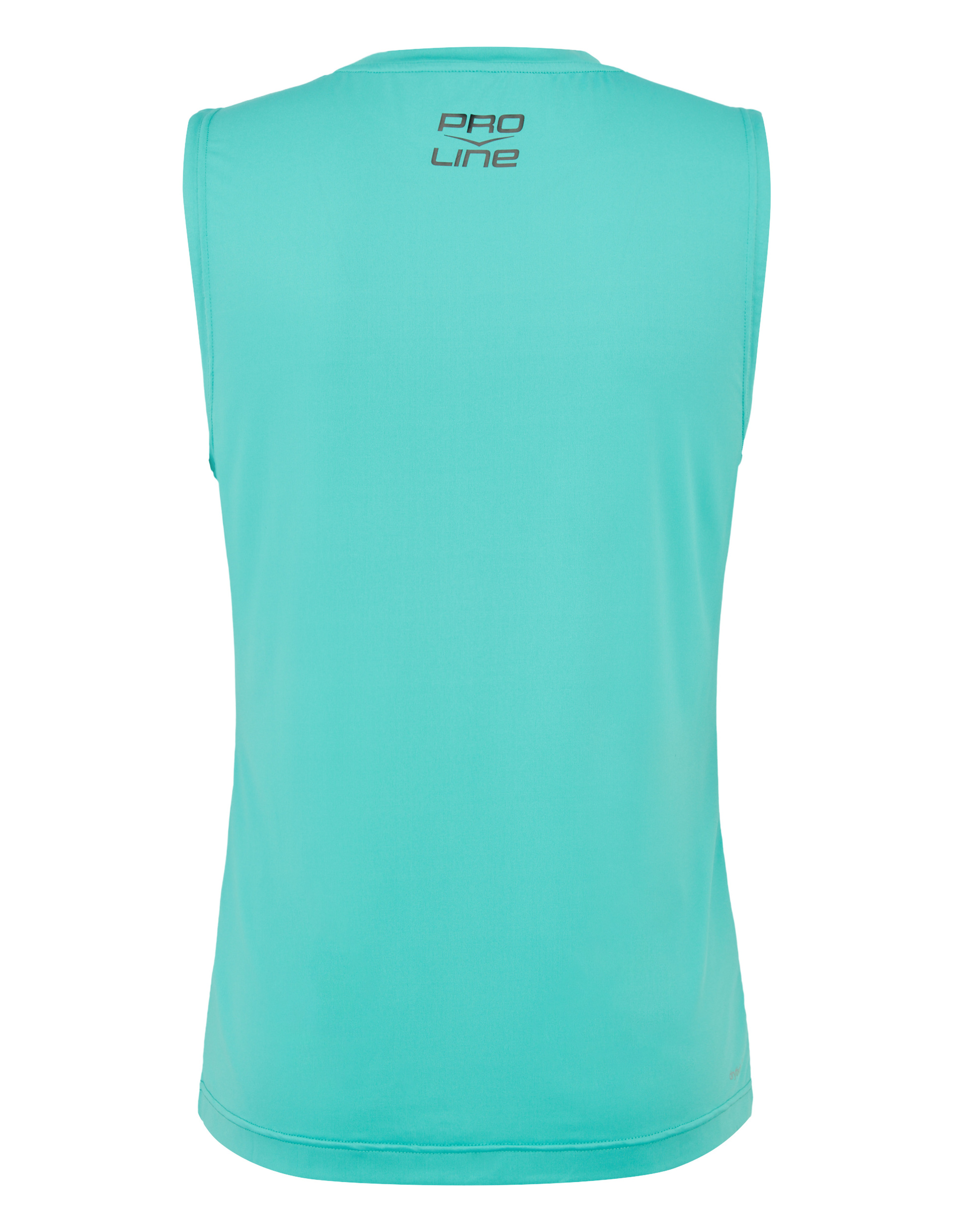 Ärmelloses, türkisfarbenes Sportshirt von hinten, mit dunkelgrauem "Pro Line"-Schriftzug im oberen Rückenbereich.