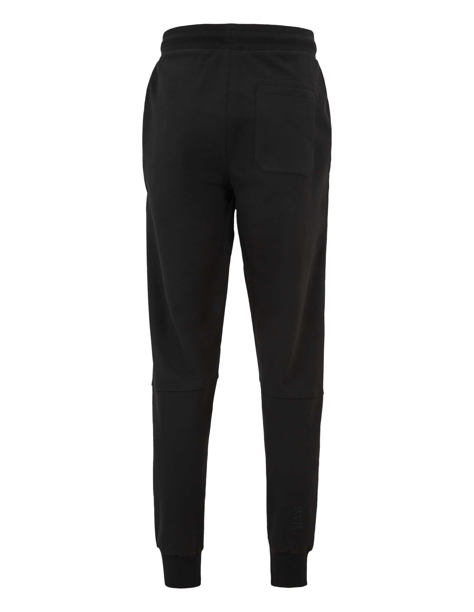 Eine schwarze Jogginghose mit elastischem Bund, schmal zulaufenden Beinen und einer aufgesetzten Gesäßtasche wird von hinten gezeigt.
