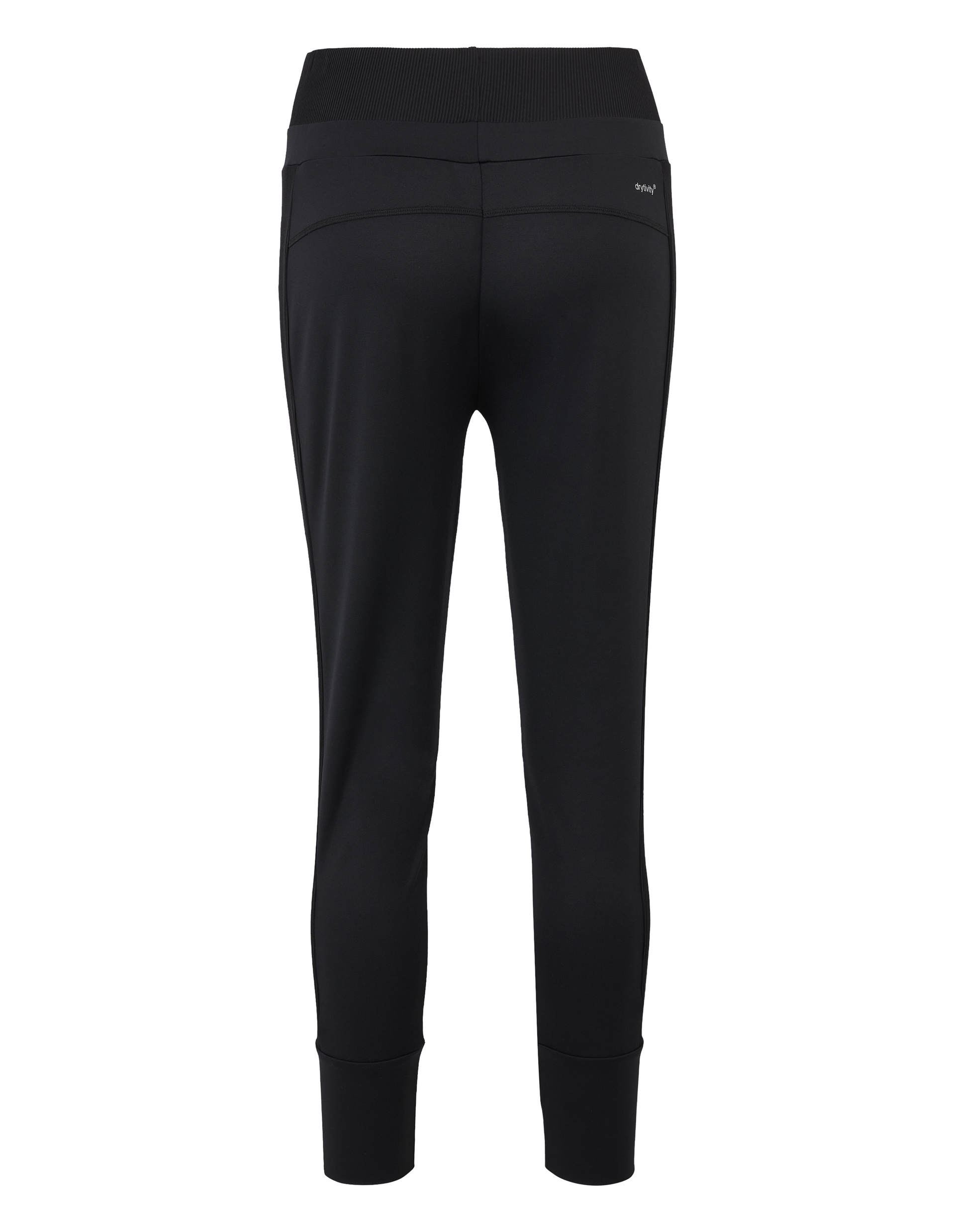 Schwarze Jogginghose von hinten, mit breitem Bund, schmaler Passform und Logo am oberen rechten Rand.