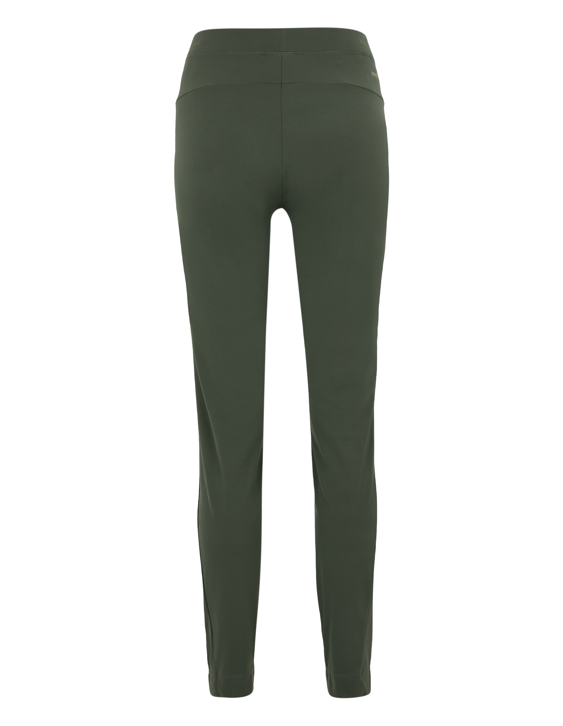 Dunkelgrüne Damenhose mit geradem Schnitt, hohem Bund und nahtlosen Taschen, Rückansicht vor weißem Hintergrund.