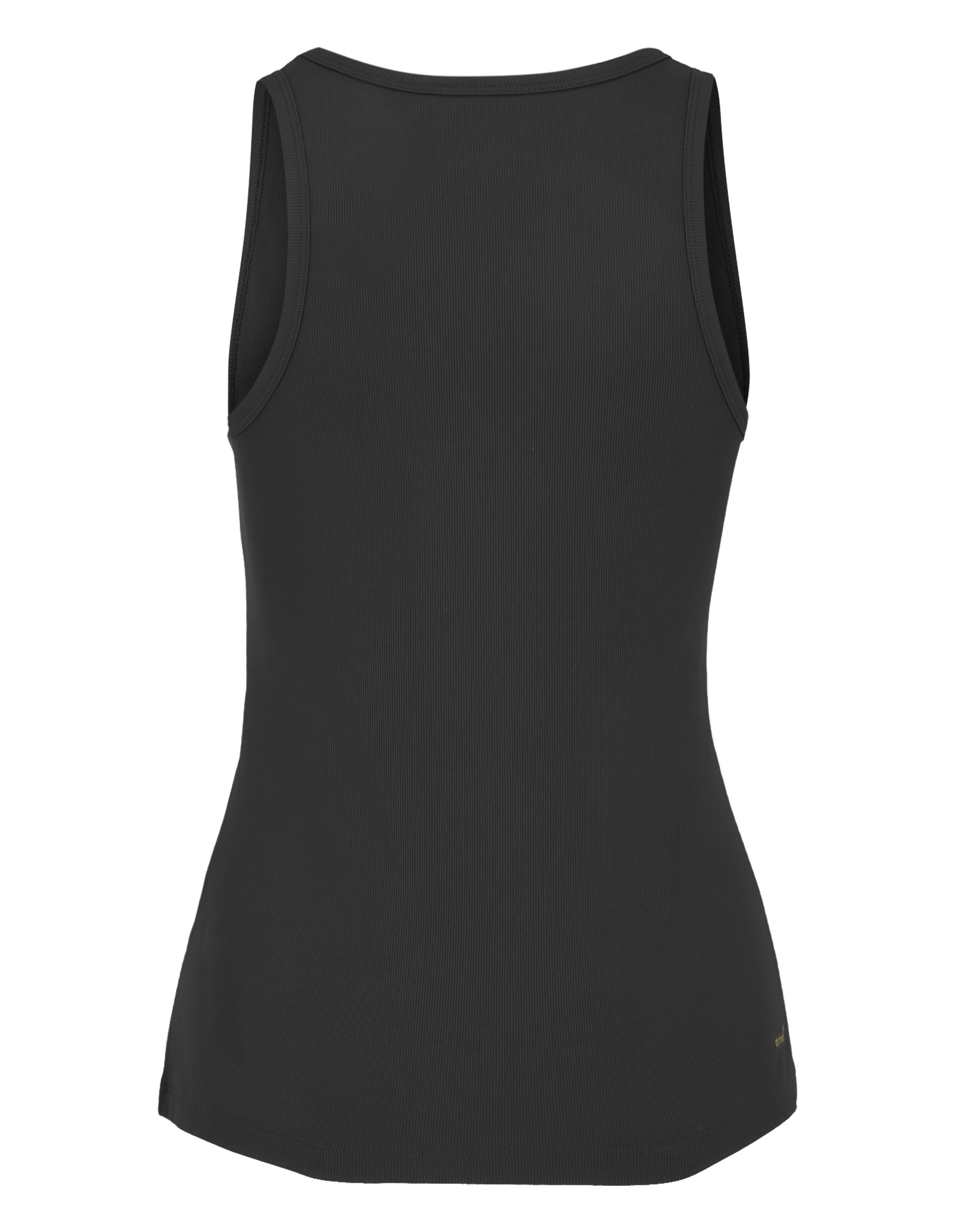 Schwarzes ärmelloses Damen-Tanktop mit rundem Ausschnitt und dezentem Markenetikett am Rücken, schlichtes und sportliches Design.
