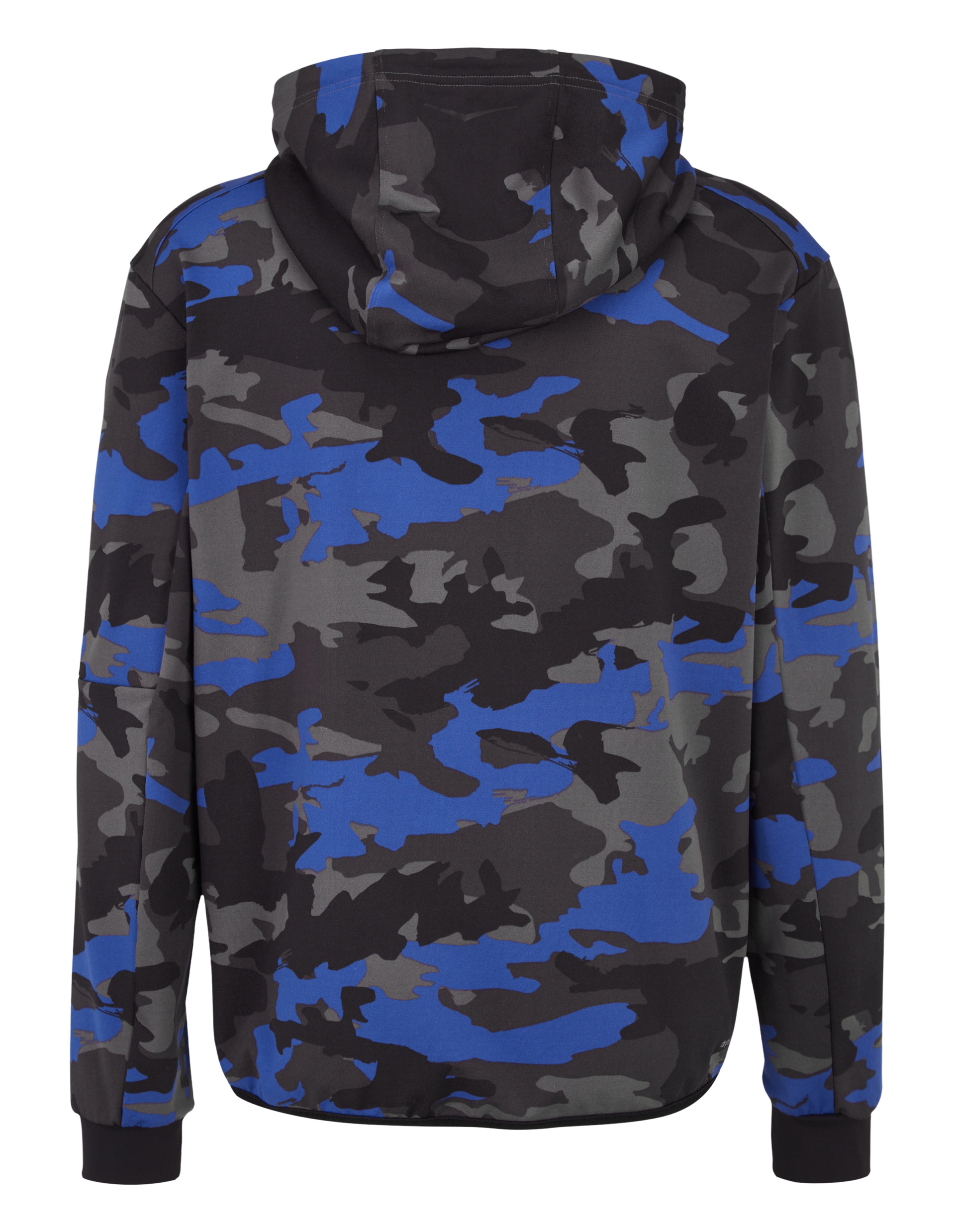 Kapuzenpullover mit blau-schwarzem Camouflage-Muster, Reißverschluss, Kordelzug an der Kapuze und aufgesticktem Logo.