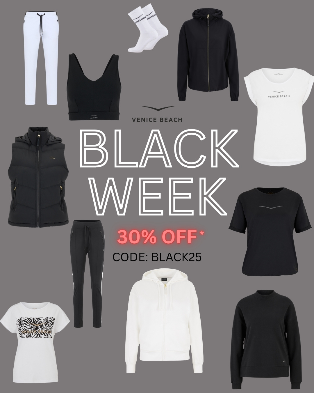IT'S BLACK WEEK 🎉🖤

Unser Black Week Special für euch!
Erhalte jetzt 30% auf unsere Black Week Deals mit dem Code: BLACK25

*Mit dem Rabattcode BLACK25 erhältst Du von 24.11.2025 bis einschließlich 30.11.2025 bei Artikeln der Kategorie https://www.venice-beach.com/blackweek einen Rabatt in Höhe von 30 %. Nicht kombinierbar mit anderen Gutscheinen und Aktionen. Der Gutscheincode muss im Warenkorb angegeben werden. Eine Anrechnung des Gutscheins nach Aufgabe der Bestellung ist nicht möglich.

#blackfriday #blackweek #blackweekdeals #sale #venicebeachsportswear