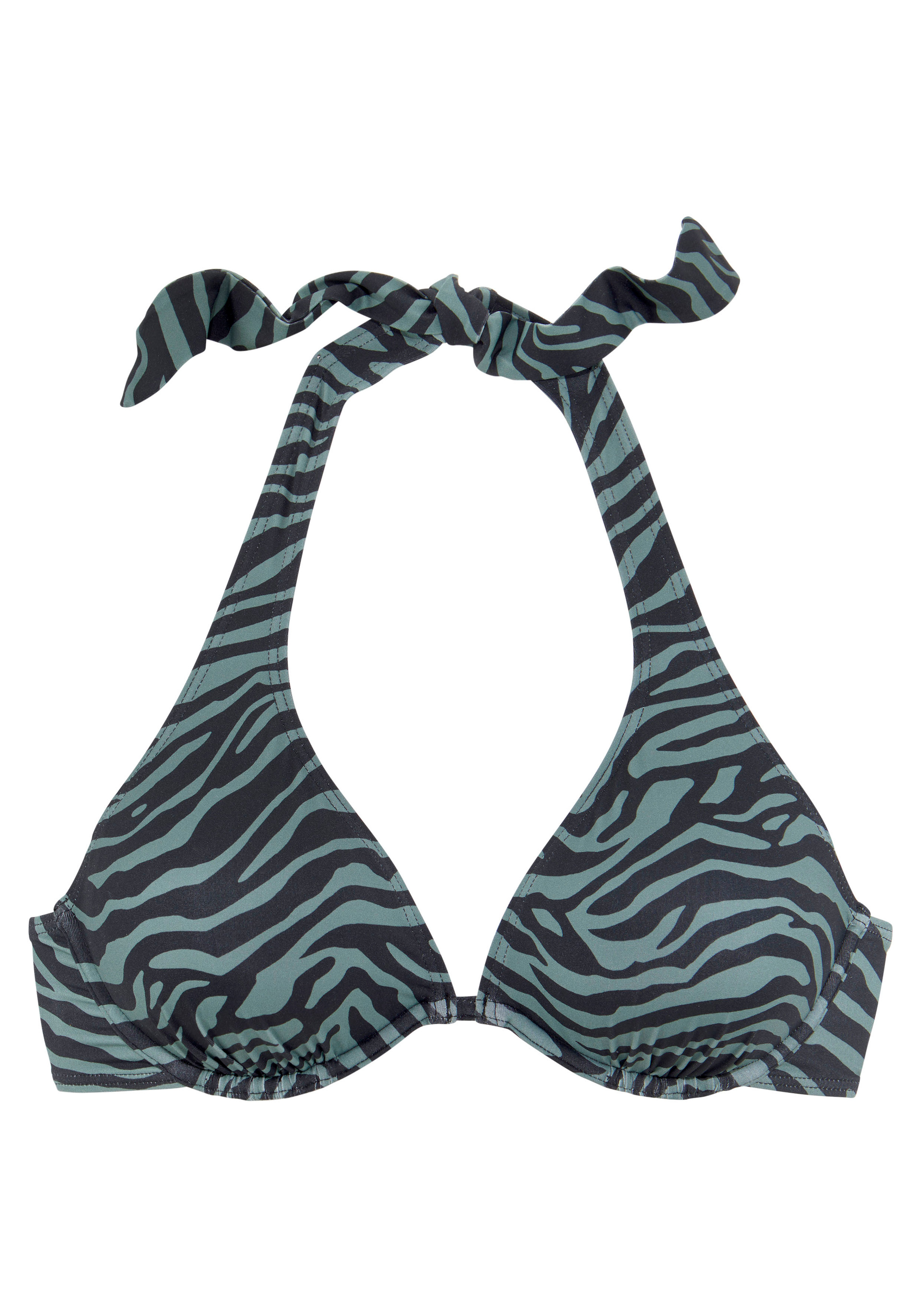 Dunkelgrünes Bikini-Oberteil mit schwarzem Zebra-Muster und Nackenband zum Binden, modern und stilvoll für den Strand.