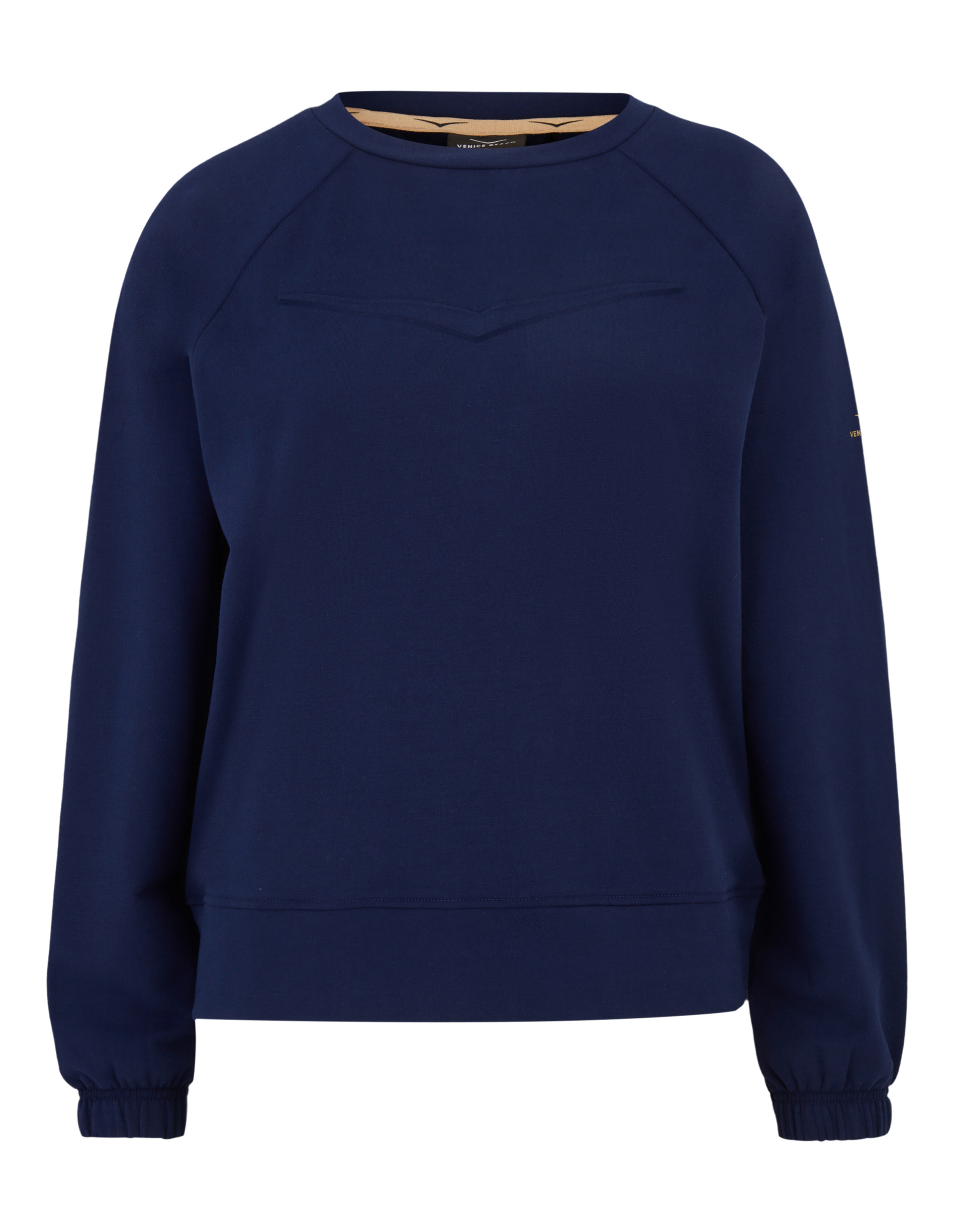 Dunkelblauer Pullover mit Rundhalsausschnitt, langen Ärmeln und elastischen Bündchen, schlichtes und elegantes Design.