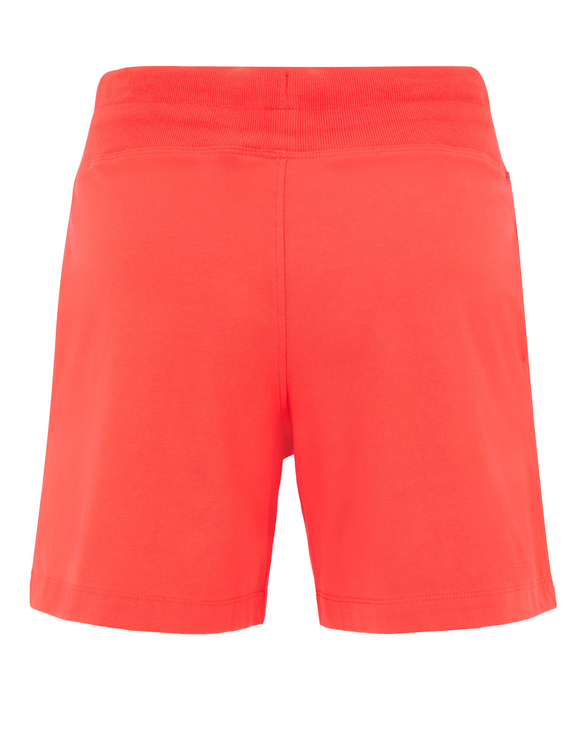 Leuchtend orange Shorts aus weichem Stoff mit elastischem Bund, Rückansicht; schlichtes Design ohne Taschen.