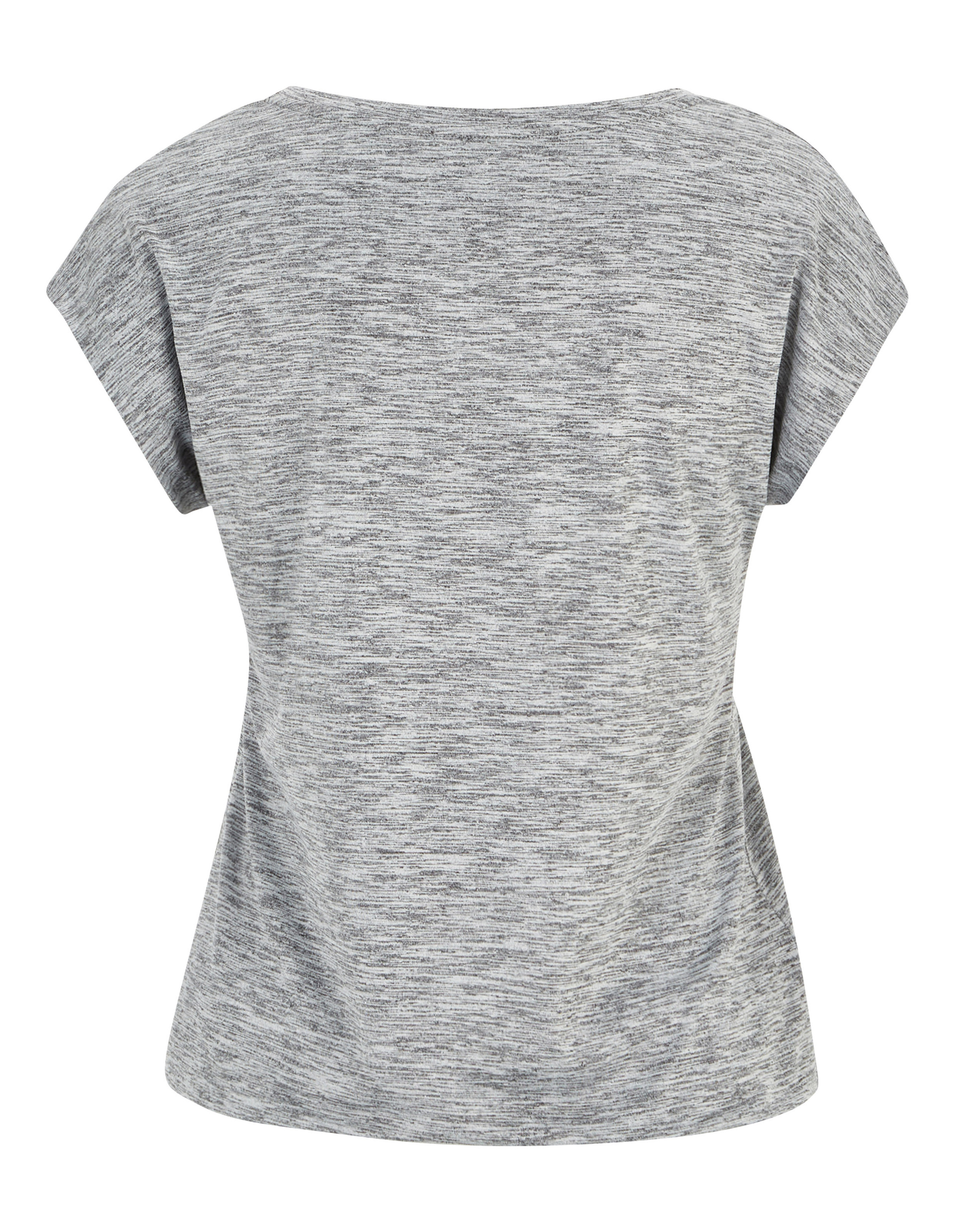 Graues T-Shirt mit kurzen Ärmeln und meliertem Muster, von hinten gesehen, leicht tailliert und aus weichem Stoff gefertigt.
