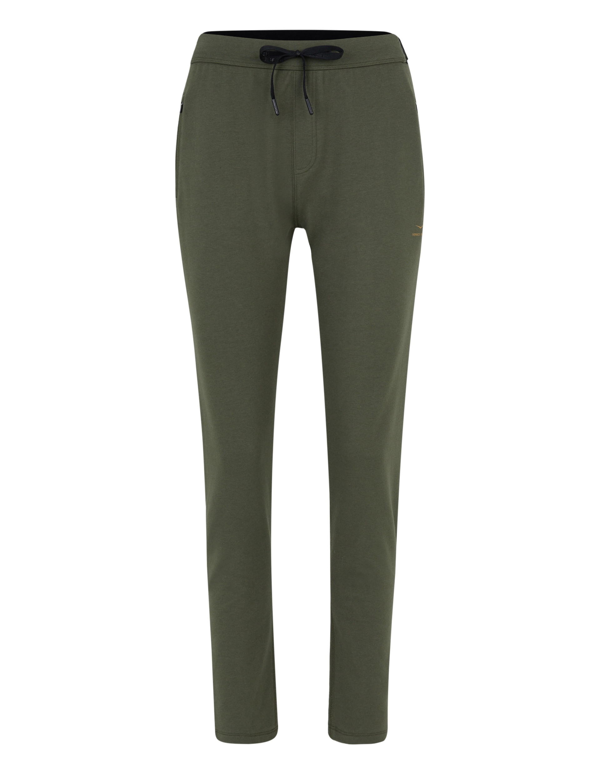 Diese dunkelgrüne Hose hat einen Kordelzug und ist figurbetont geschnitten.