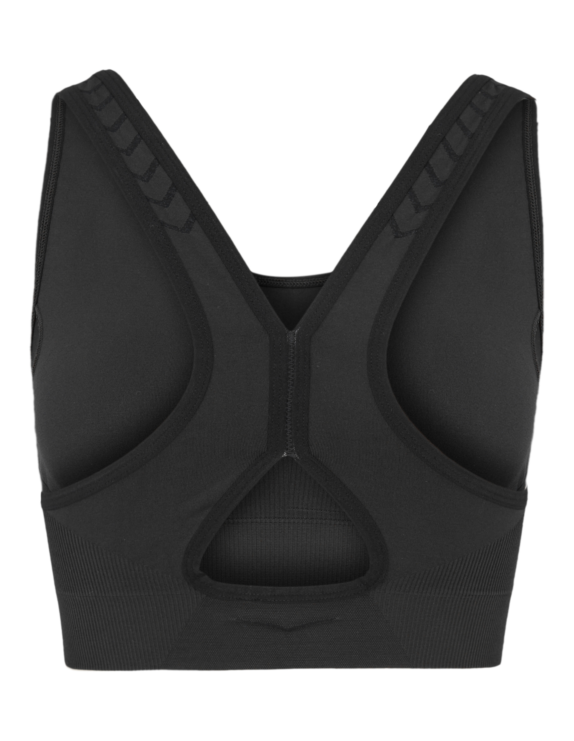 Schwarzer Sport-BH mit breiten Trägern, nahtlosem Design und Schriftzug "Pro Line" auf der Vorderseite, ideal für Fitness.