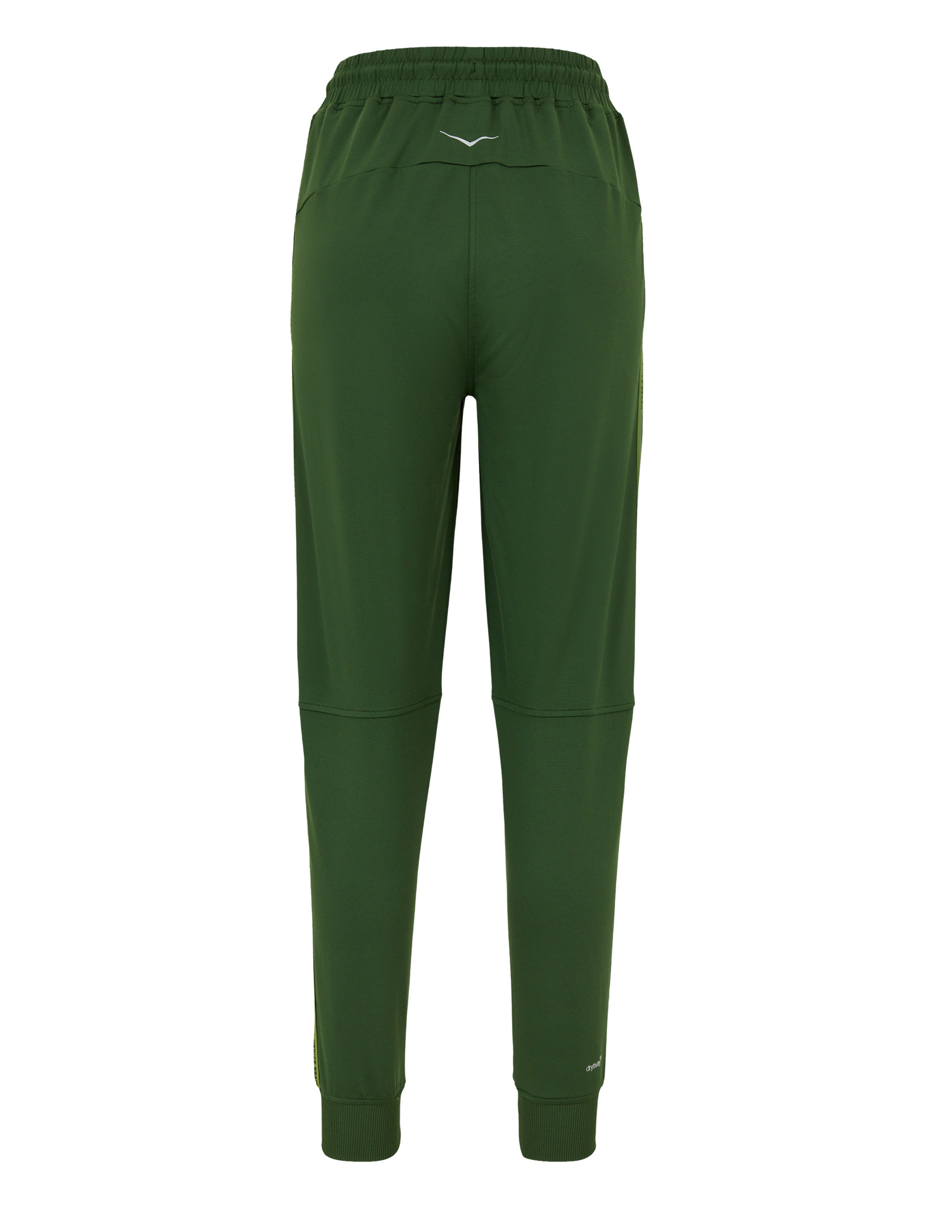 Grüne Jogginghose von hinten, mit elastischem Bund und weißen Logo-Details an der Hüfte, aus weichem Stoff und gerippten Bündchen.
