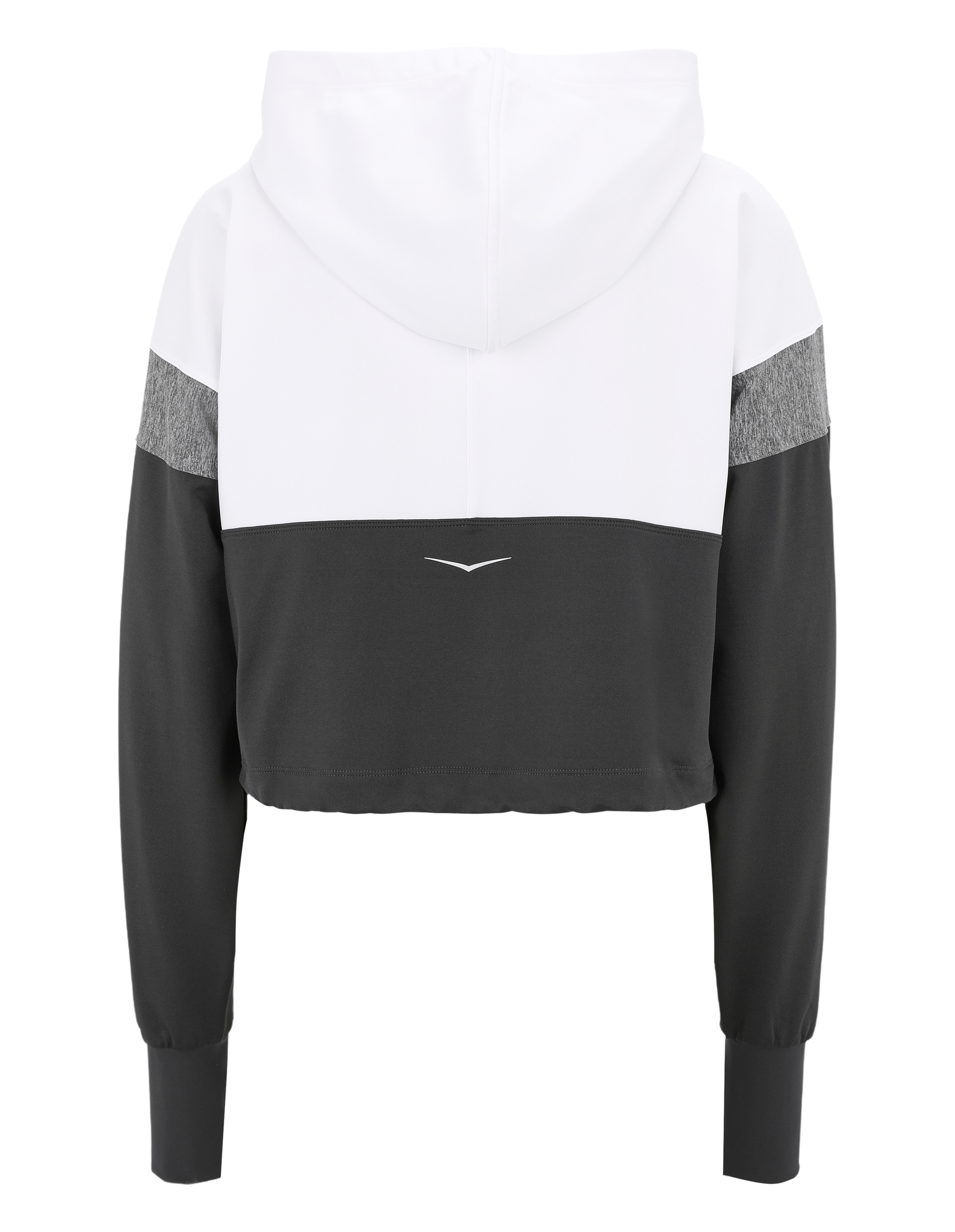 Rückansicht eines Hoodies mit Kapuze, weißem oberen Bereich, grauen Streifen an den Ärmeln und schwarzem unteren Teil.