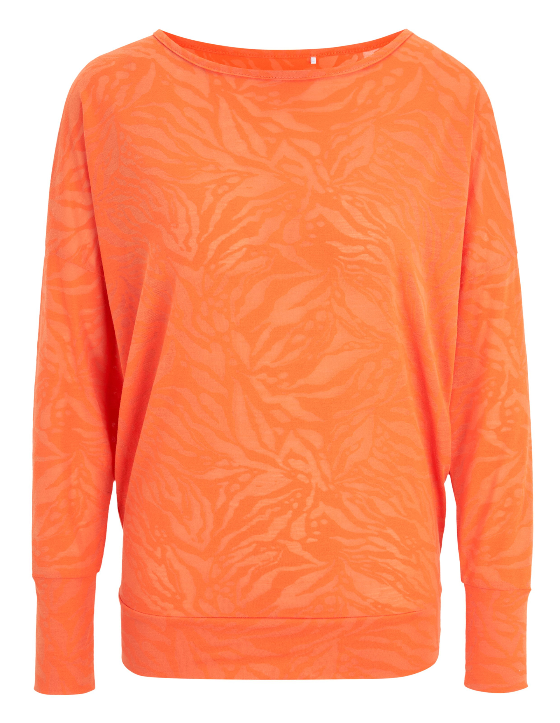 Ein leuchtend orangefarbener Pullover mit einem subtilen Tigermuster und einem runden Ausschnitt.