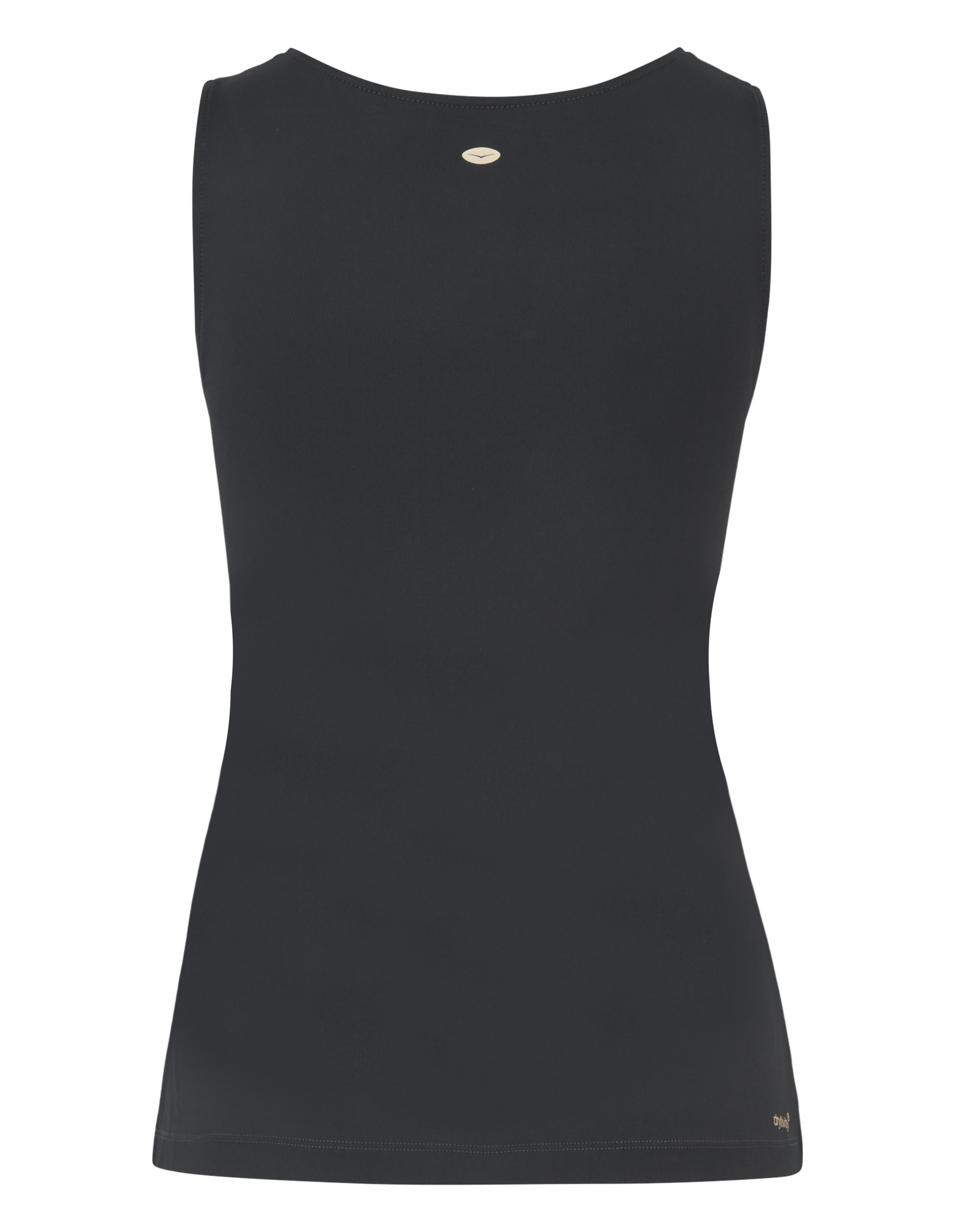 Schwarzes ärmelloses Tanktop mit grauem, tigerähnlichem Muster und einem goldenen geschwungenen Logo auf der Brust.