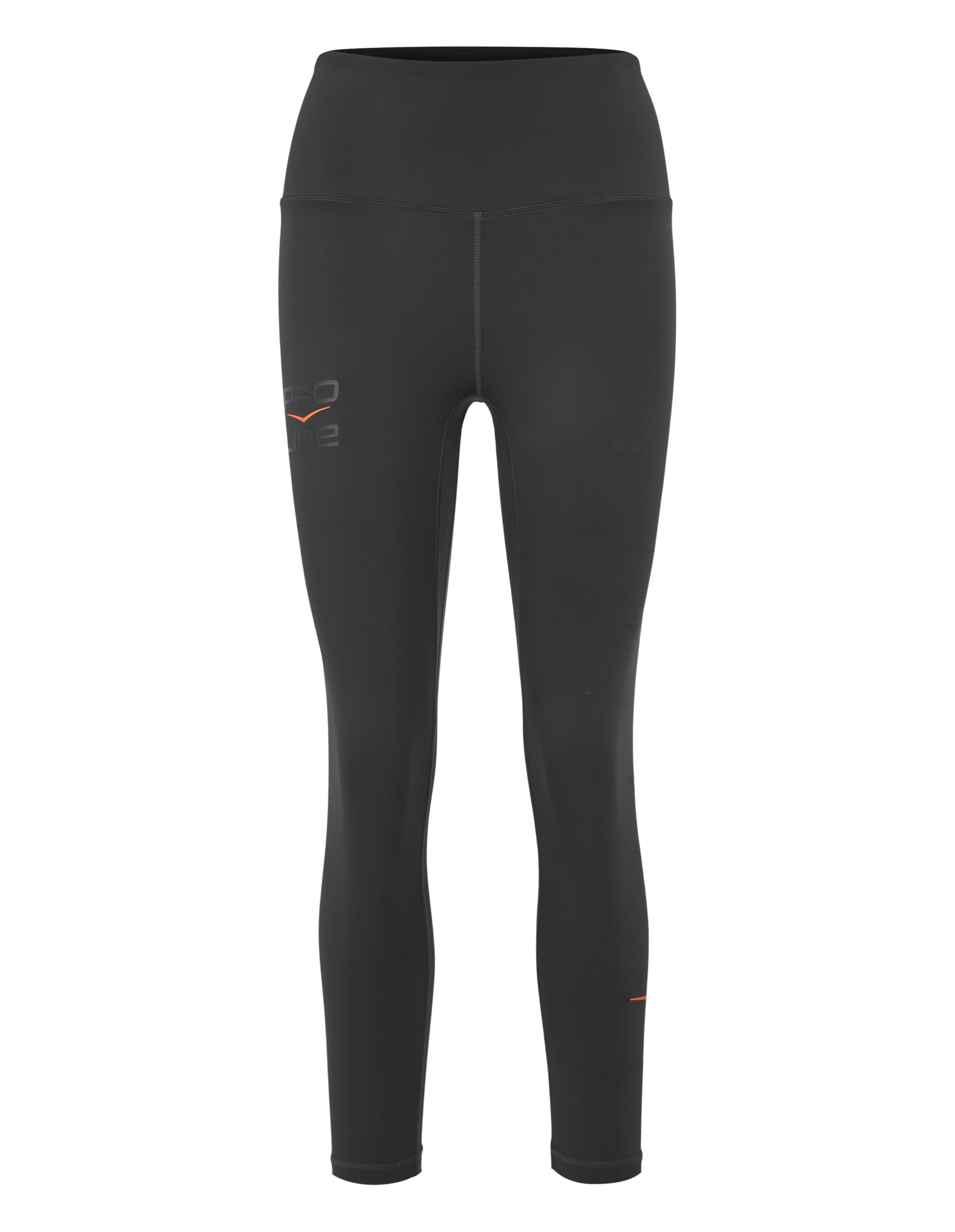 Schwarze, eng anliegende Sportleggings mit hohem Bund und einem dezenten, roten Logo auf dem linken Oberschenkel.