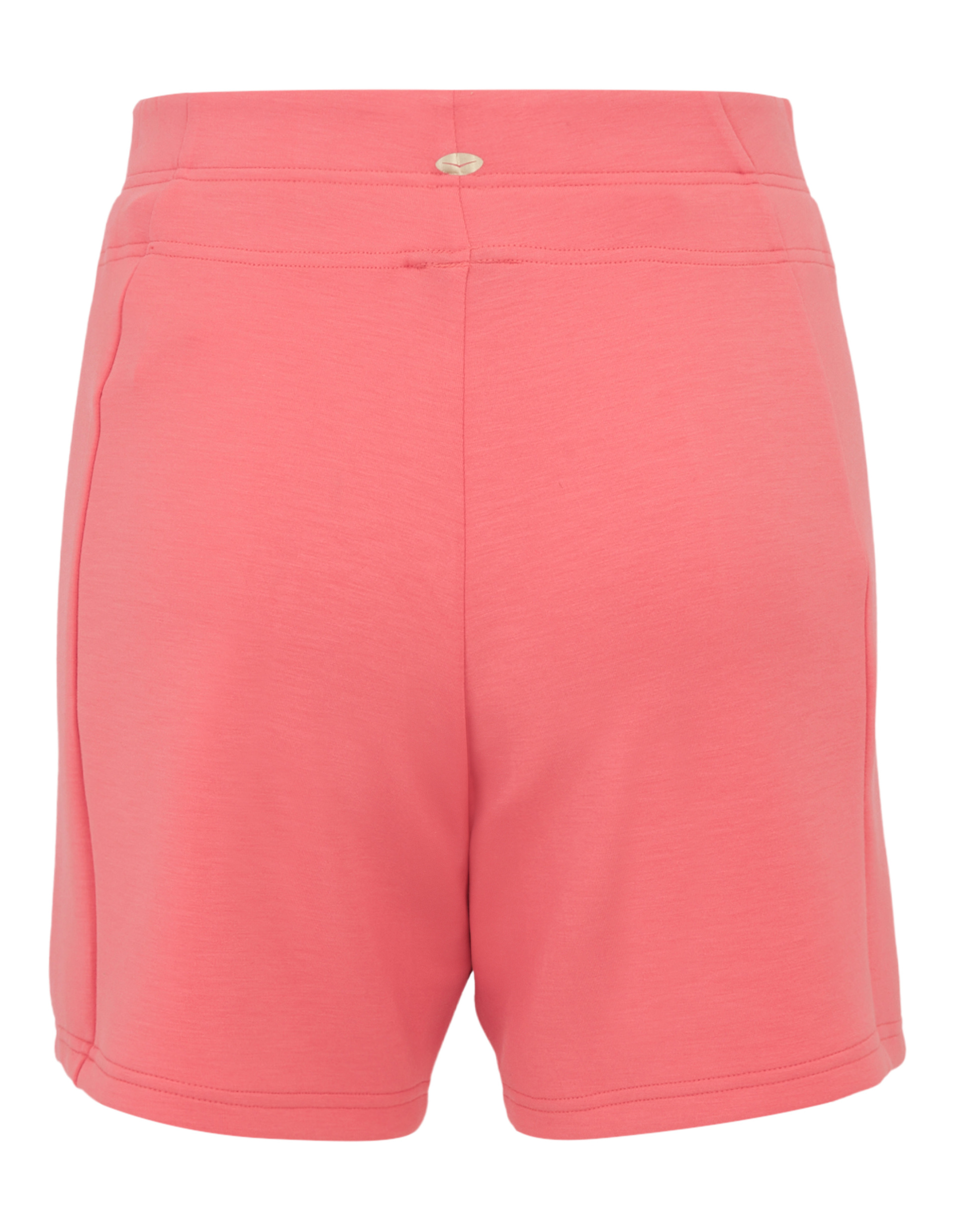 Rosa Shorts aus weichem Stoff mit hohem Bund, Rückansicht, minimalistisches Design mit einer kleinen Knopfleiste oben.