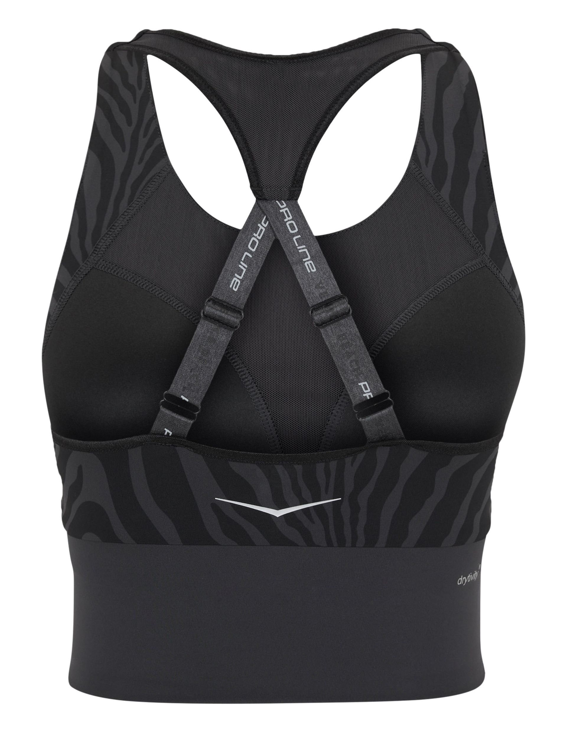 Schwarzes Sport-BH mit Zebramuster, rückseitig gekreuzten Trägern und elastischem Bund für optimalen Halt und Komfort.