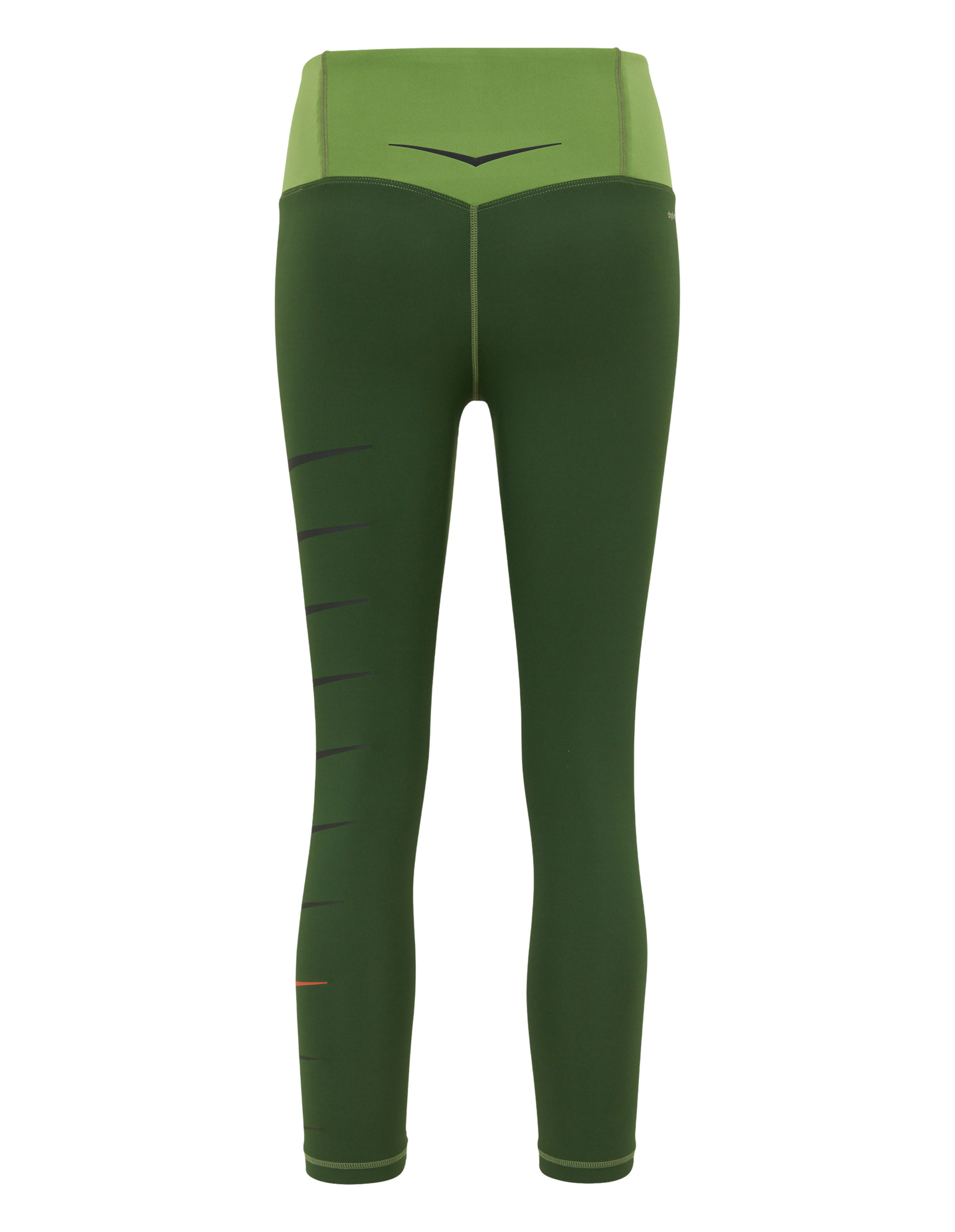 Grüne Sportleggings mit hohem Bund, vertikalen schwarzen Streifen auf dem rechten Bein und grauem Logo links.