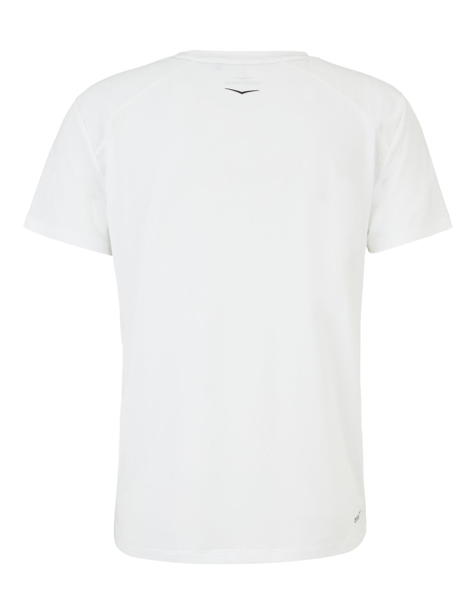 Weißes T-Shirt von hinten mit kurzen Ärmeln, Rundhalsausschnitt und kleinem schwarzen Logo unter dem Kragen auf glattem Stoff.