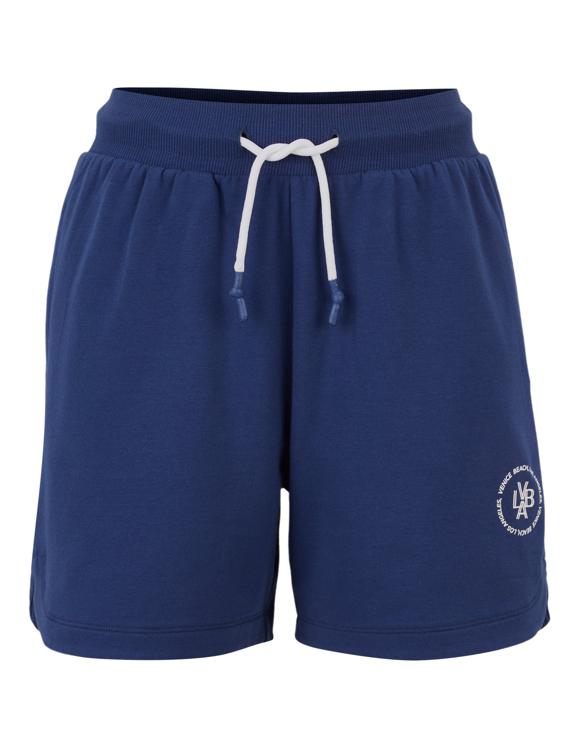 Dunkelblaue kurze Hose mit weißem Kordelzug und Logo.