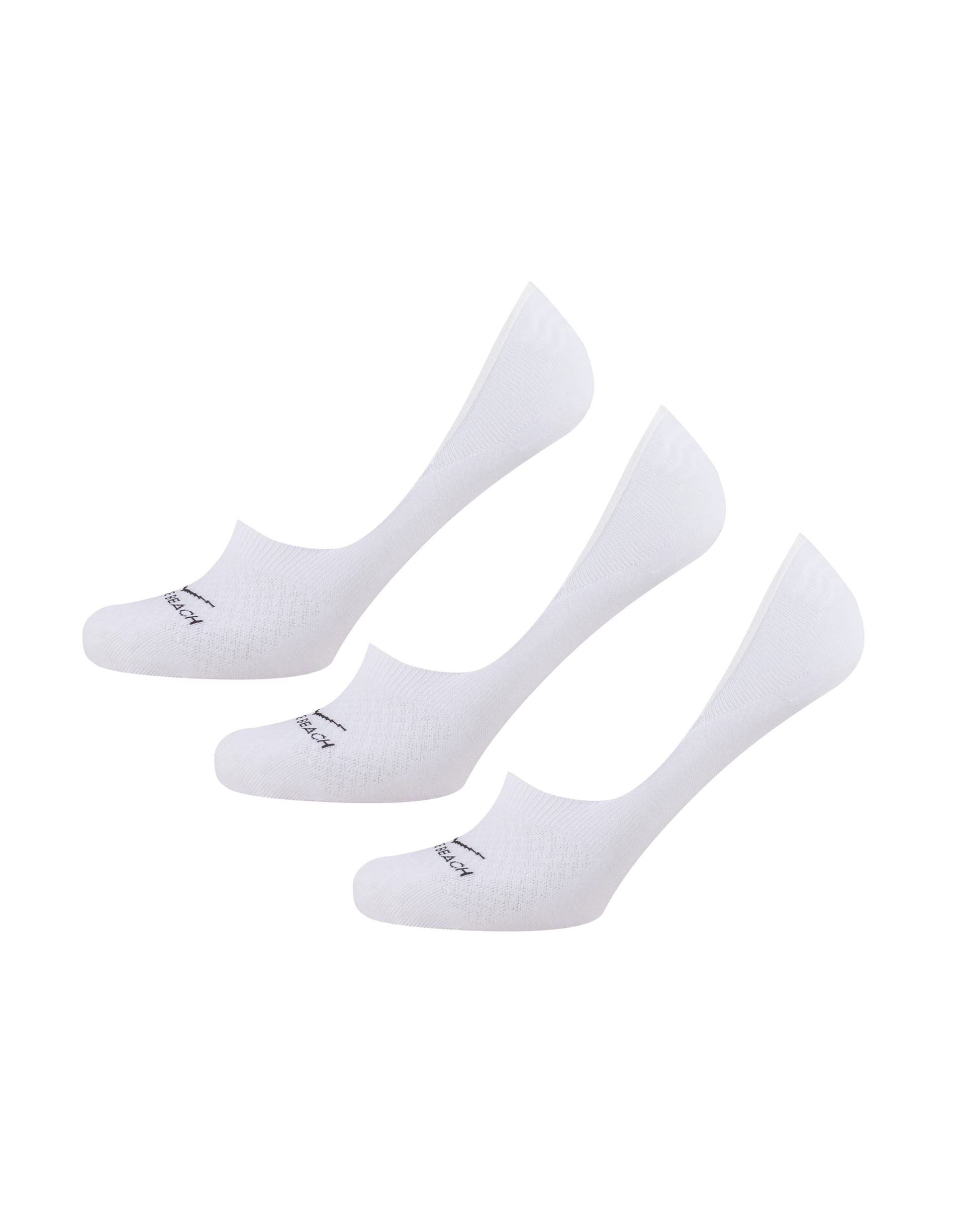 Drei weiße Sneaker-Socken in einer Reihe, minimalistisch gestaltet, mit flachem Schnitt, ideal für einen unsichtbaren Look im Schuh.