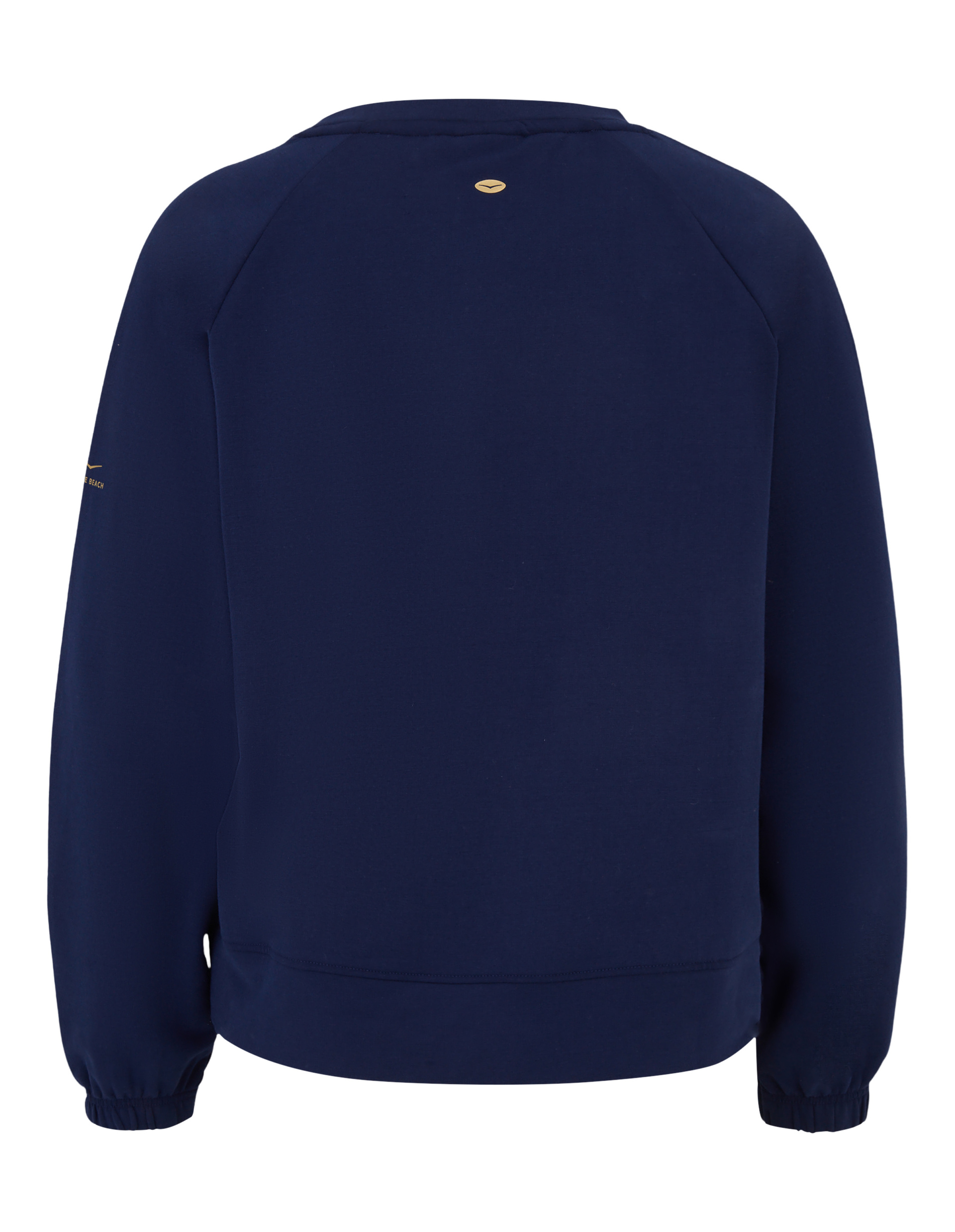 Dunkelblauer Pullover von hinten mit langen Ärmeln und elastischen Bündchen, einem kleinen goldenen Logo am oberen Rücken.
