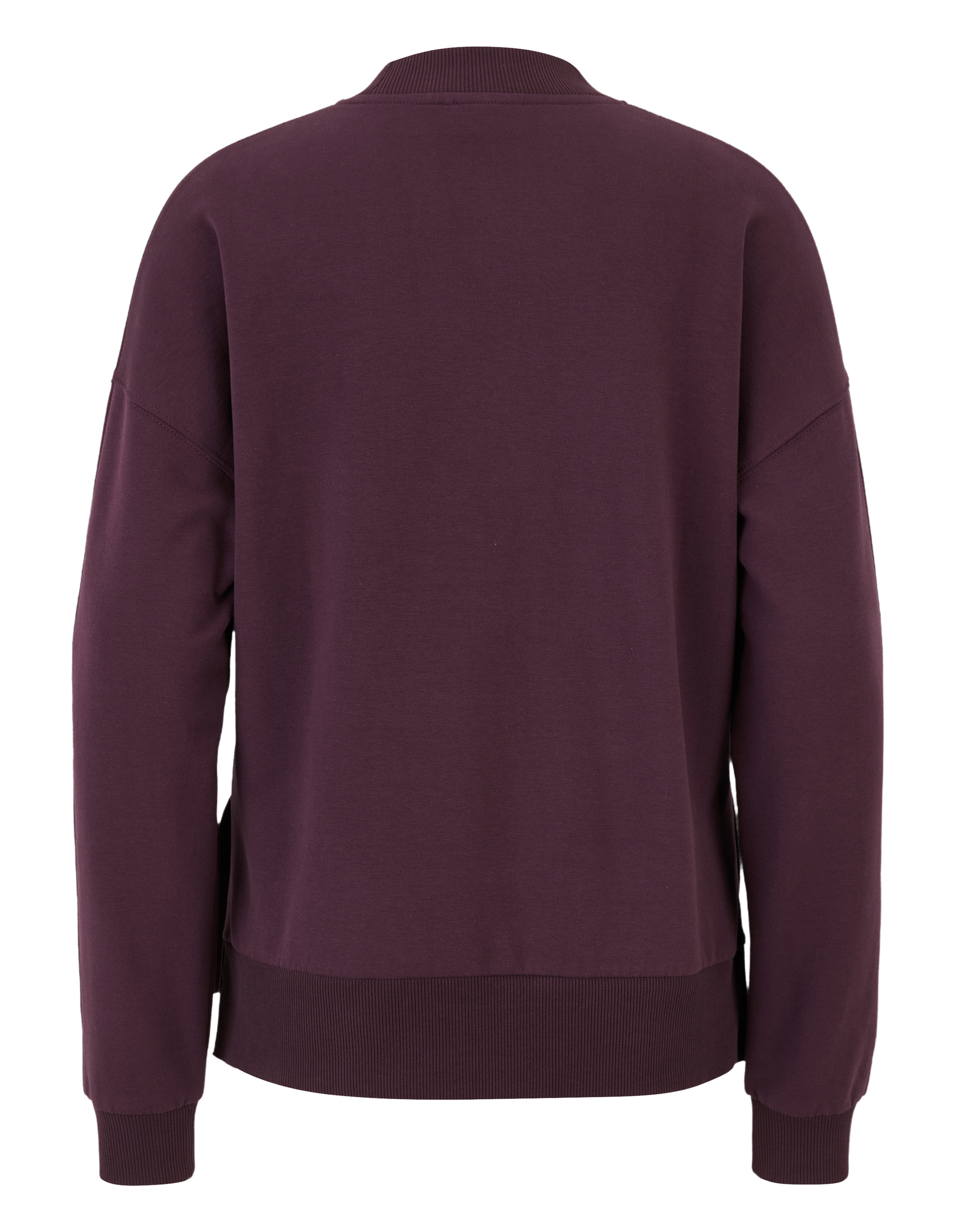 Dunkler olivgrüner Pullover mit langen Ärmeln, gerippten Bündchen und einem geraden Schnitt, von hinten abgebildet.