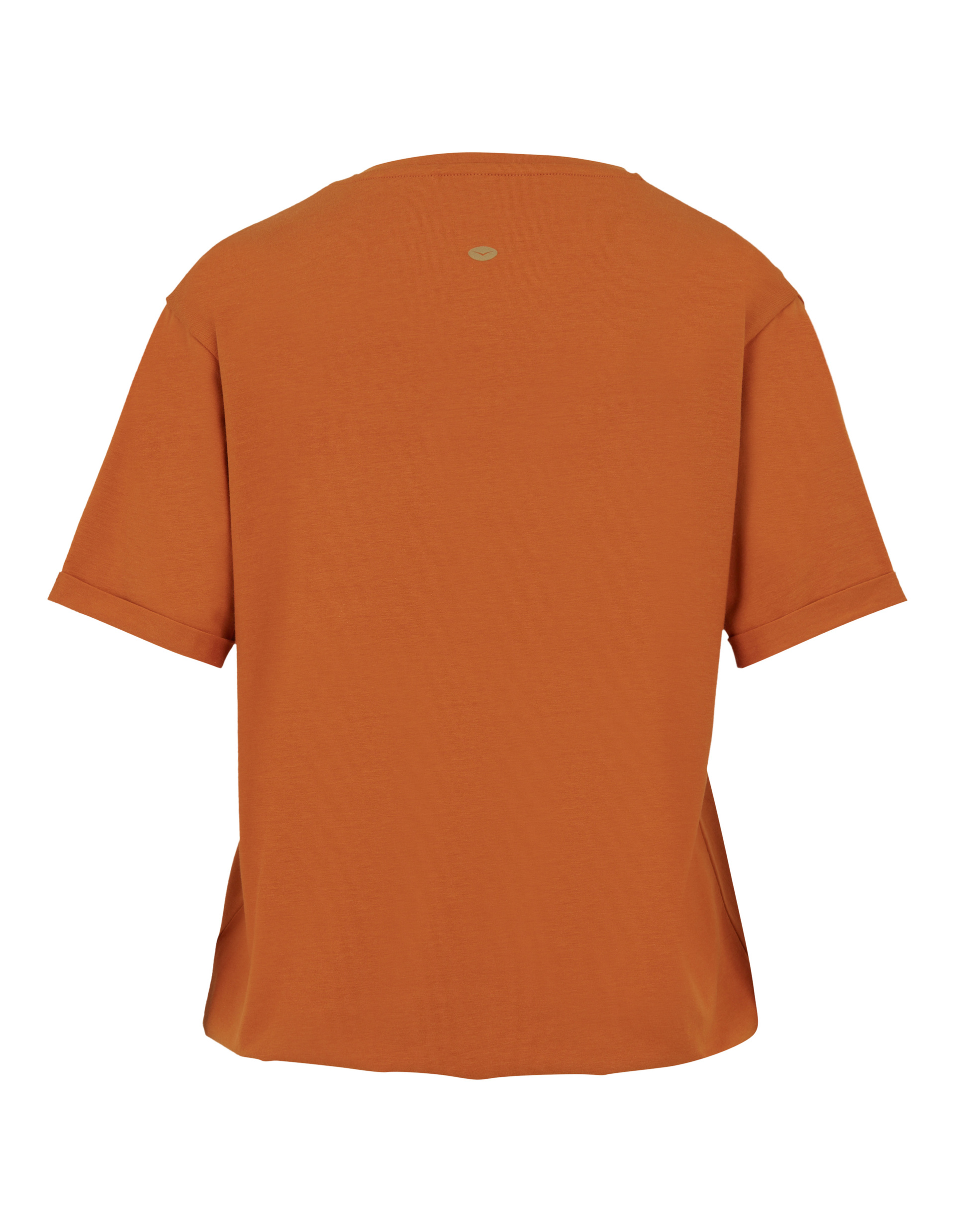 Rückansicht eines orangefarbenen T-Shirts mit kurzen Ärmeln und rundem Halsausschnitt, ohne sichtbare Muster oder Details.