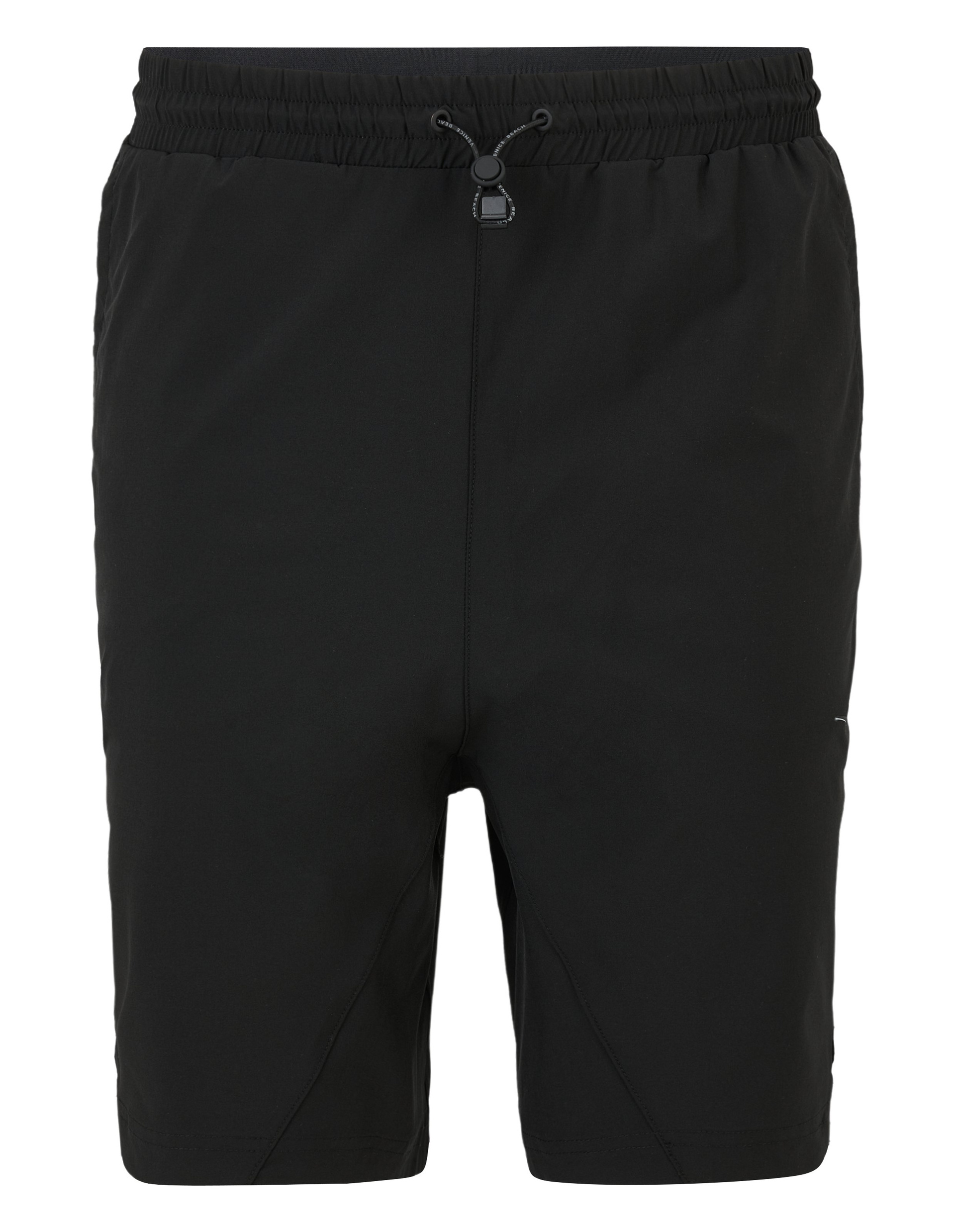 Schwarze, knielange Sportshorts mit elastischem Bund und Kordelzug, schlichtes Design ohne sichtbare Logos oder Taschen.