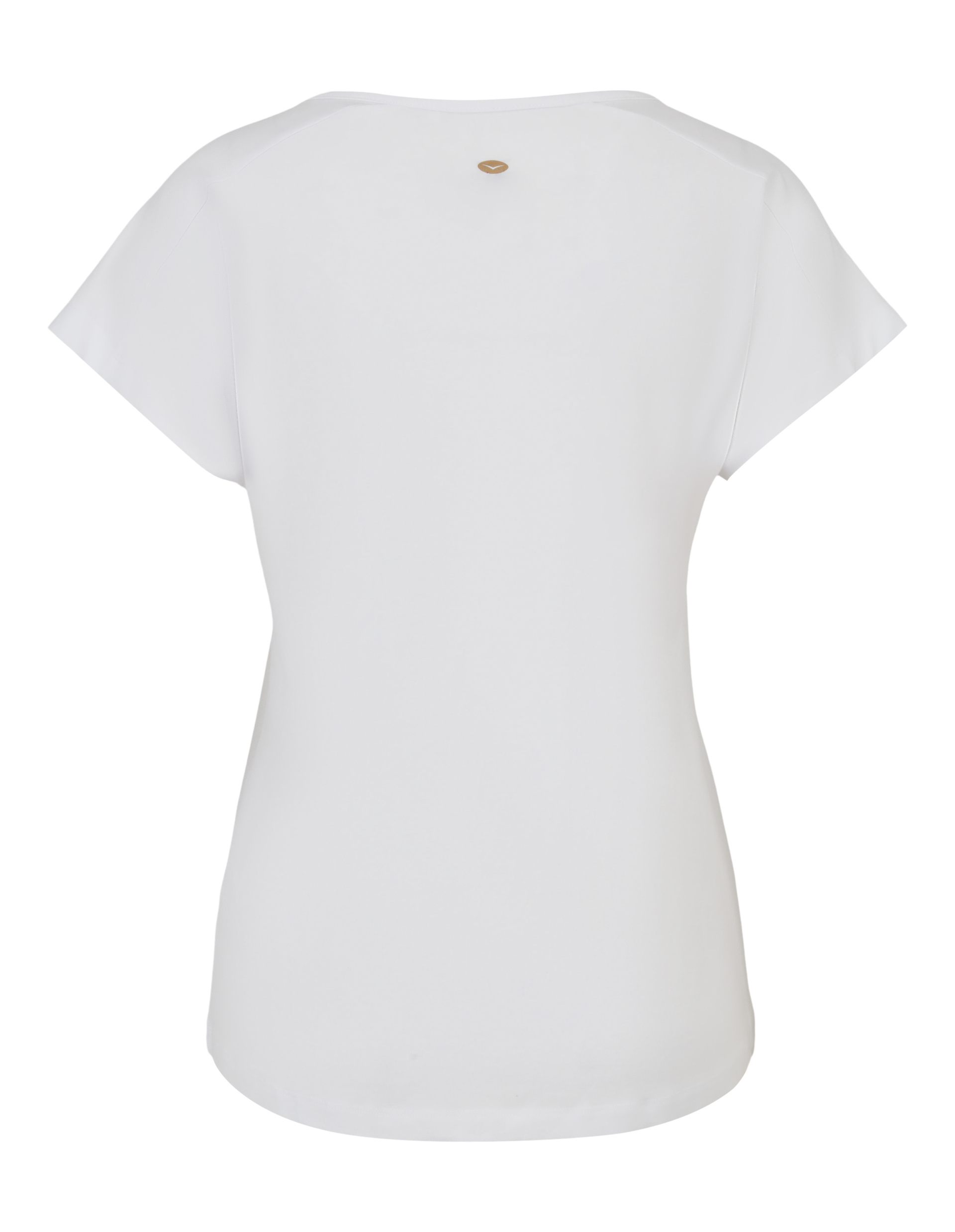 Weißes, schlichtes T-Shirt mit kurzen Ärmeln, Rückansicht; kleine goldene Verzierung nahe des Nackens.