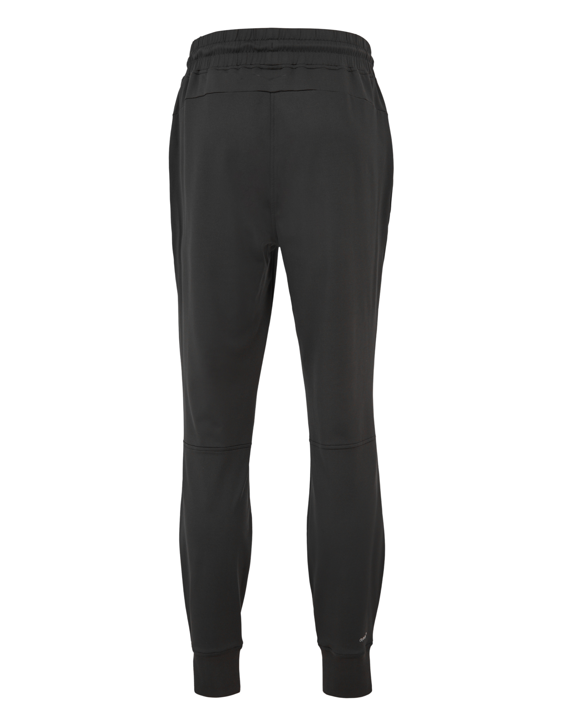 Schwarze Jogginghose aus glattem Stoff, hintenansicht, mit elastischem Bund und Bündchen, ohne sichtbare Taschen oder Details.