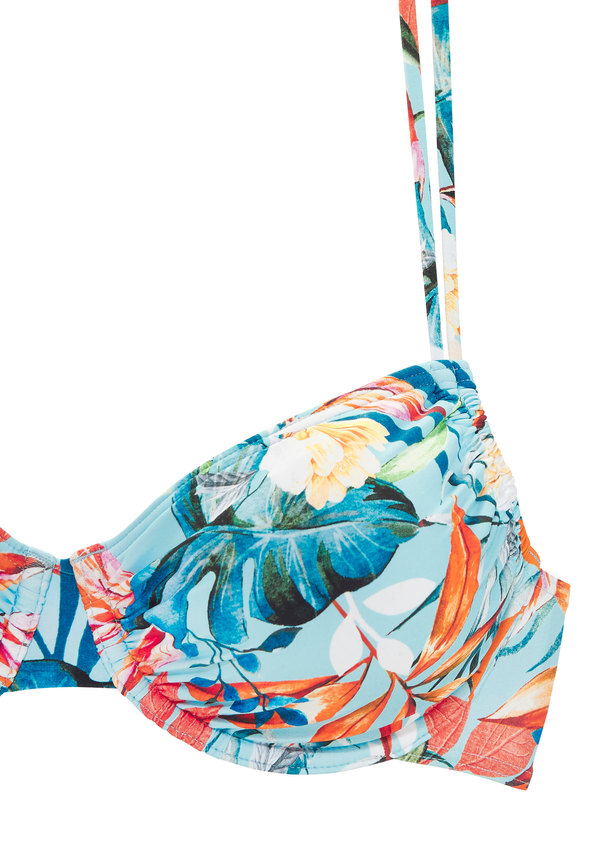 Bikinioberteil in hellem Blau mit lebendigem tropischem Blumenmuster in Rot, Gelb und Grün, dünne Träger sichtbar.