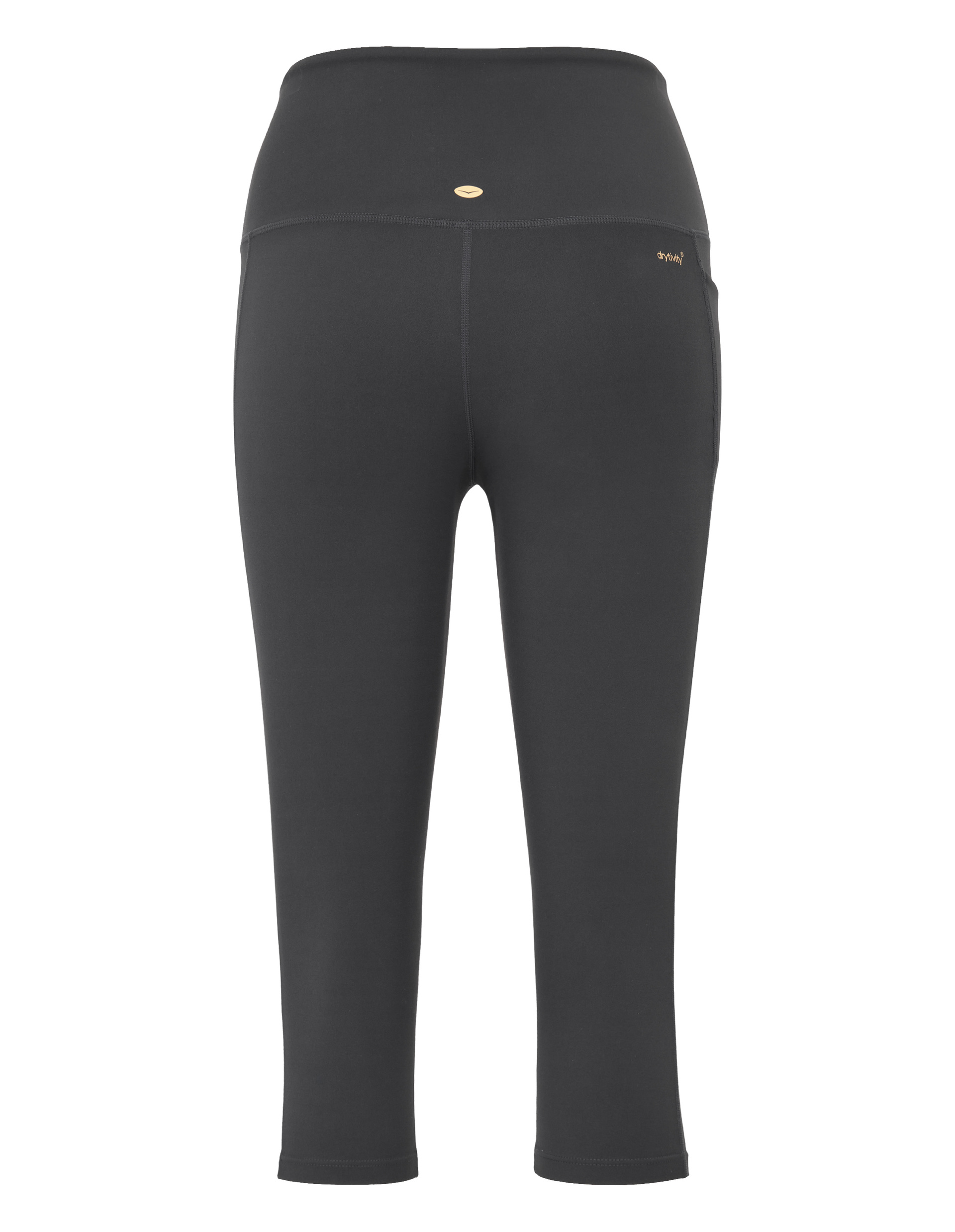 Schwarze, knielange Leggings von hinten, aus glattem, elastischem Stoff mit hohem Bund und dezentem goldfarbenen Logo an der Hüfte.