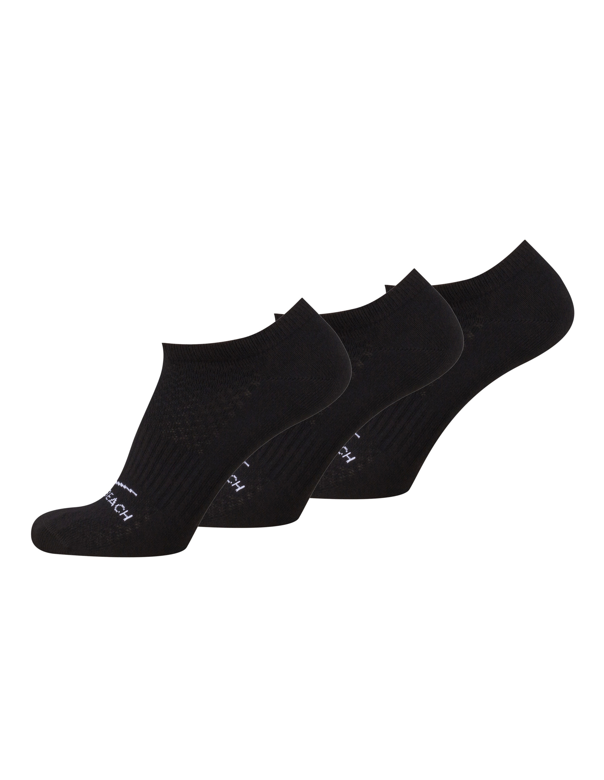 Drei schwarze, knöchellange Socken, nebeneinander angeordnet, mit geripptem Bündchen und dezentem Schriftzug an den Zehen.