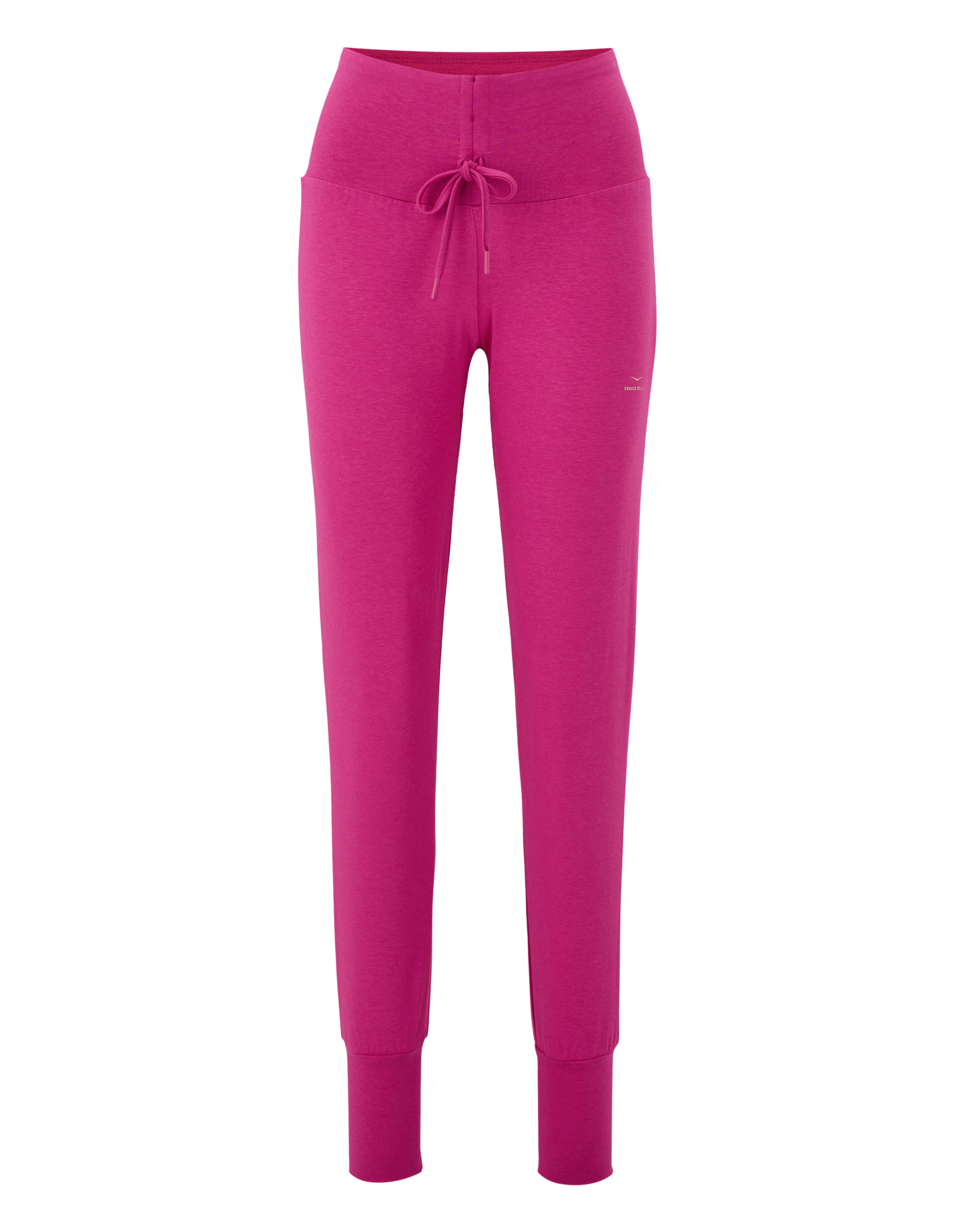 Fuchsiafarbene Jogginghose mit hohem Bund und Kordelzug, geradem Bein und Bündchen.